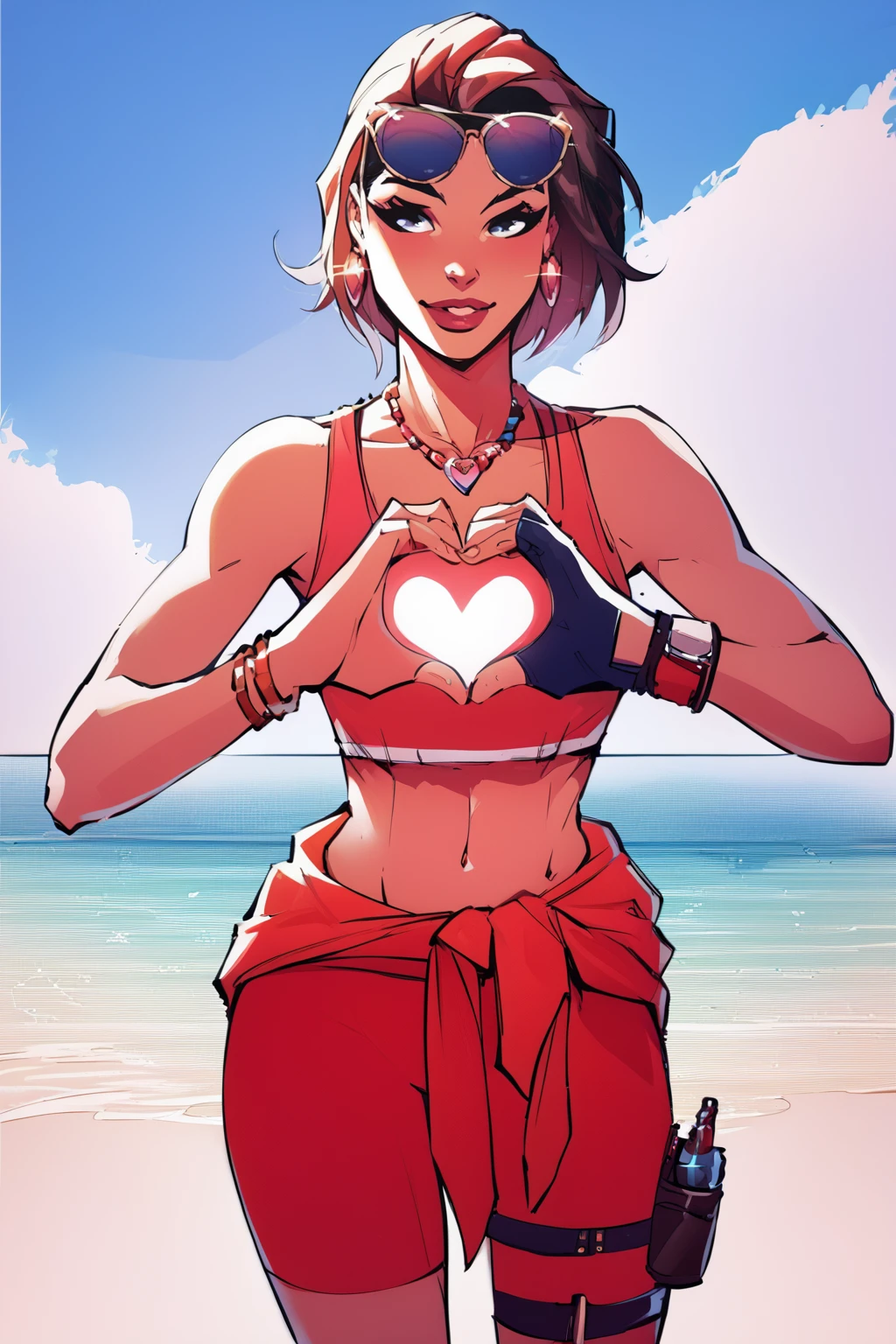 score_9, score_8_up, score_7_up, masterpiece, high quality, source_comic
 <lora:RubyFortnitePonyLora:0.8>  1girl, short hair, earrings, sunglasses on head, necklace, Tank top, single fingerless glove, bracelet, bike shorts, clothes around waist, red thigh holster, heart hands, on the beach
<lora:Michael TurnerStylePonyLyco:1> mtms