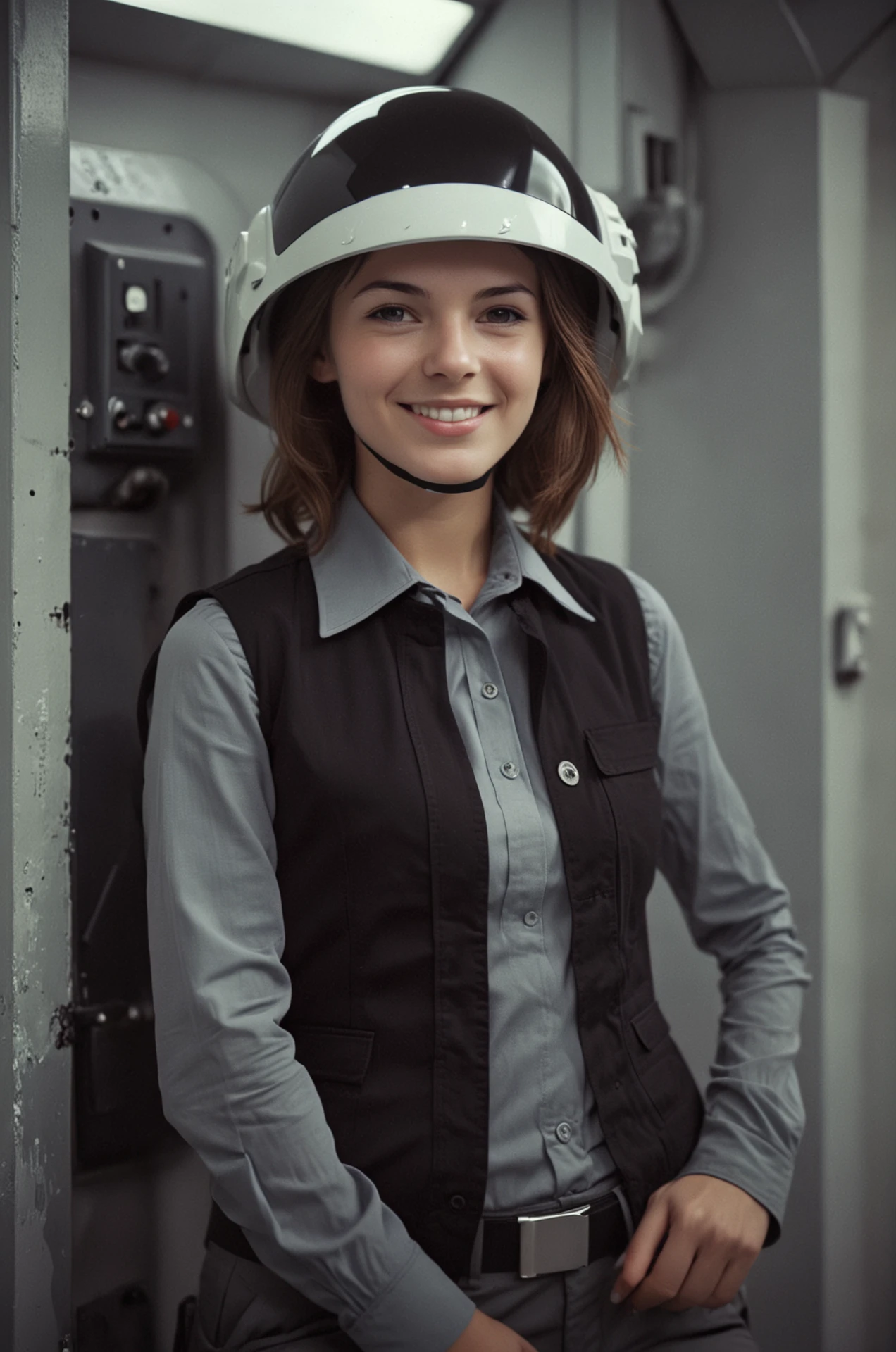 rebel trooper uniform,stunning young woman ,smiling,black vest,collared shirt,black and white helmet,on a space station,leaning against the wall,long sleeves,<lora:RebelTrooperXL:0.8>,desaturated, 35mm photo, grainy, vignette, Kodachrome, Lomography, stained, highly detailed . octane render, highly detailed, volumetric, dramatic lighting
