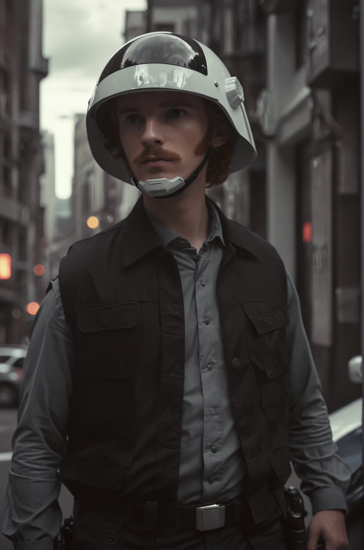 rebel trooper uniform,ginger man with moustache ,black vest,collared shirt,black and white helmet,in a sci fi city,long sleeves,<lora:RebelTrooperXL:0.8>,desaturated, 35mm photo, grainy, vignette, Kodachrome, Lomography, stained, highly detailed . octane render, highly detailed, volumetric, dramatic lighting