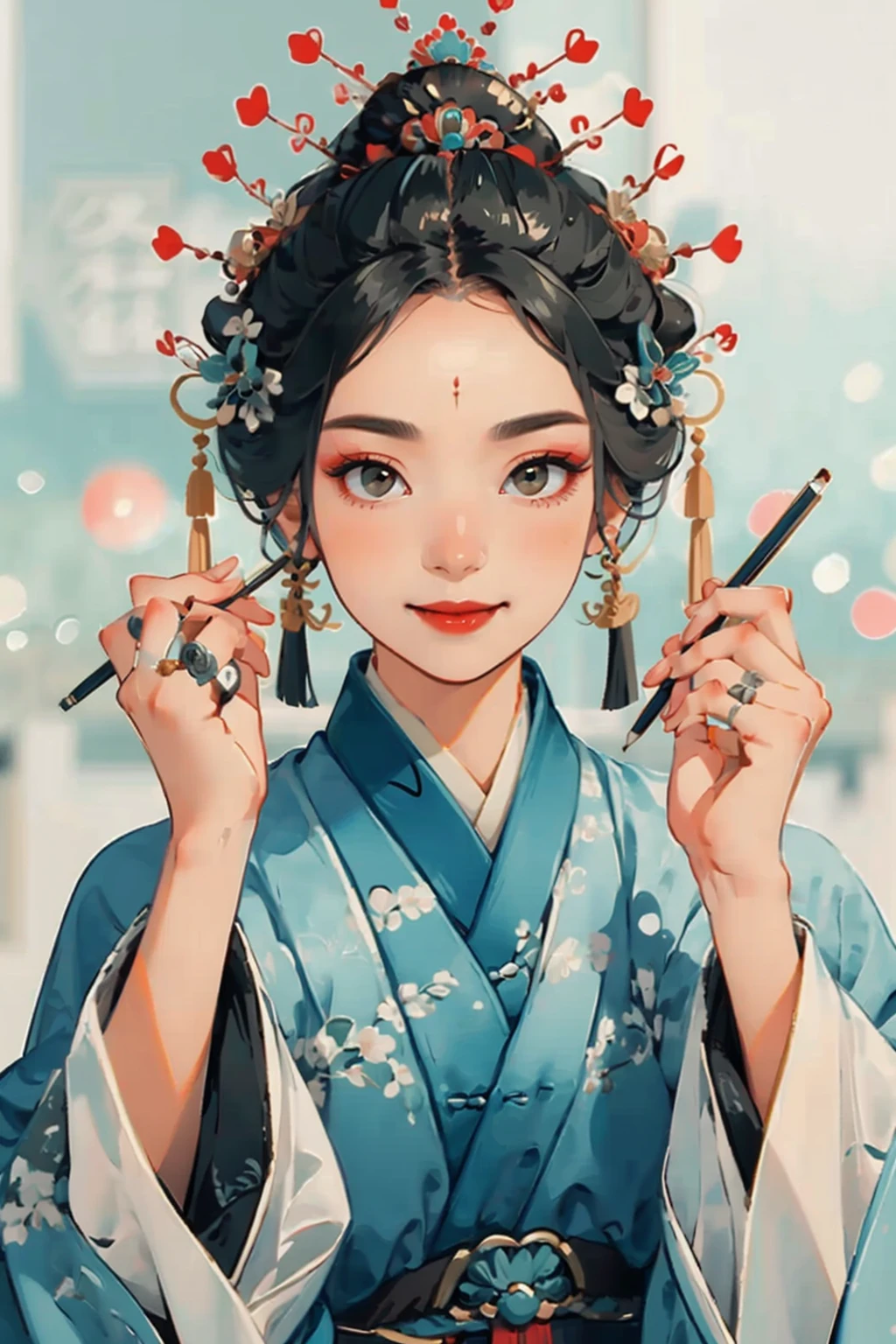 ((masterpiece)), best quality, perfect anatomy,8K wallpaper,
mChinaChic, 1girl, solo, hair ornament, black hair, holding eyebrow pencil, red lips, makeup, chinese clothes, upper body, looking at viewer,  ring, smile, long sleeves, hanfu, hands up, wide sleeves, blurry background, updo, closed mouth, depth of field
<lora:mChinaChic_v1:0.8>