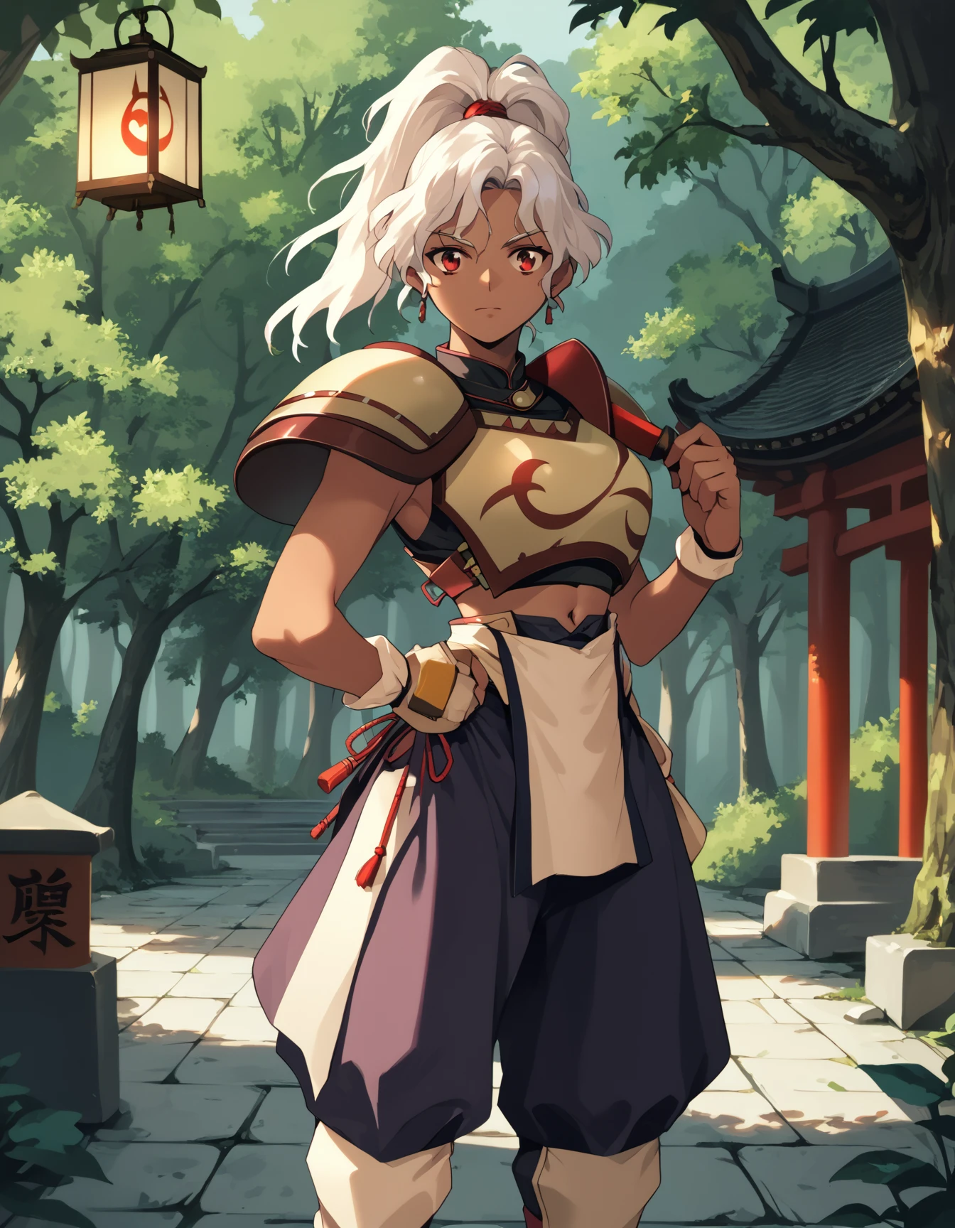 score_9, score_8_up, score_7_up <lora:rita-ponyxl-000025:1> wwrita, red eyes, white hair, ponytail, dark-skinned female, shoulder armor, breastplate, navel, purple skirt,
1girl, architecture, east asian architecture, forest, lantern, nature, outdoors, solo, tree