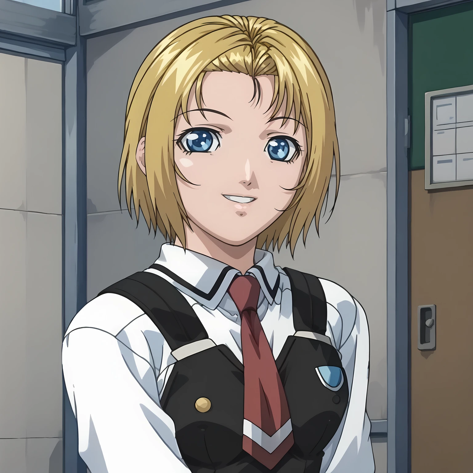 <lora:KitamiReika12YAXLpony001>,smile,parted lips,
solo,
KitamiReika12YA,1girl,blonde hair,short hair,forehead,blue eyes,
school uniform,white shirt,strap,vest,red tie,
red skirt,