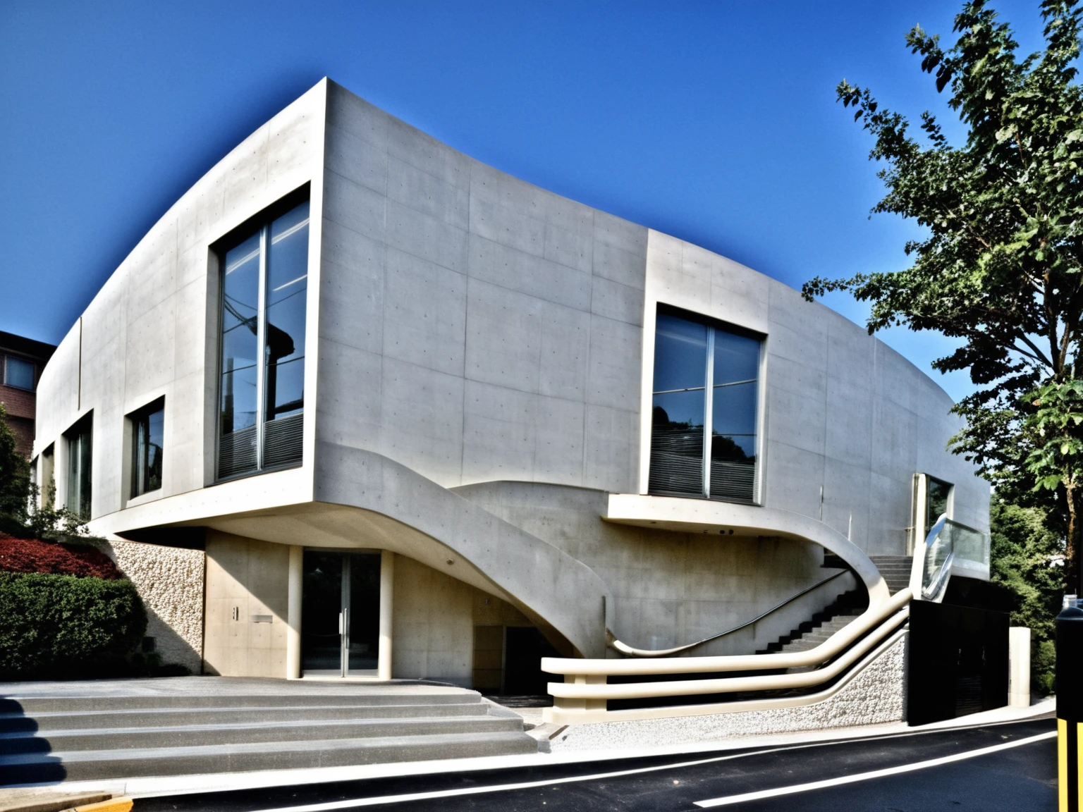 <lora:JJsConcreteArchitecture_XL:1>, ((Concrete Architecture)), , ((masterpiece)), ((best quality)),  real world location, realistic, high detailed,  (outdoor) , dramatic lighting, no human,  ((full building)), curvy wall, road, window, day time,  canopy, stair,door,
center composition,paving, sidewalk, bush, perspective, handrail,