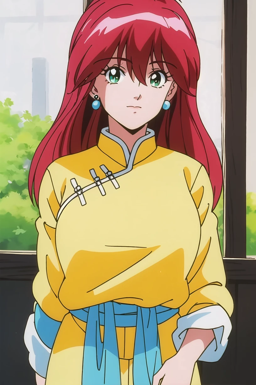 best quality,masterpiece,looking at viewer,1girl,absurdres,
depth of field,retro artstyle,1990s \(style\),<lora:021-ä¸åå°å½å®¶-卿¢
丽V2:0.7>,zhou meili,red hair,long hair,green eyes,cloth belt,yellow chinese clothes,cloth pants,earrings,pink pants,yellow clothes,hair between eyes,
