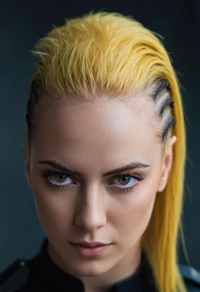 cinematic film still of extremely badass badass woman Captain, portrait, braided sides, Yellow hair Textured Crop, half body, posing, looking at viewer, analog photo, model face, 22 years old, (sidecut:0.4), Strong Keylight with Hard Shadows, blurry background,