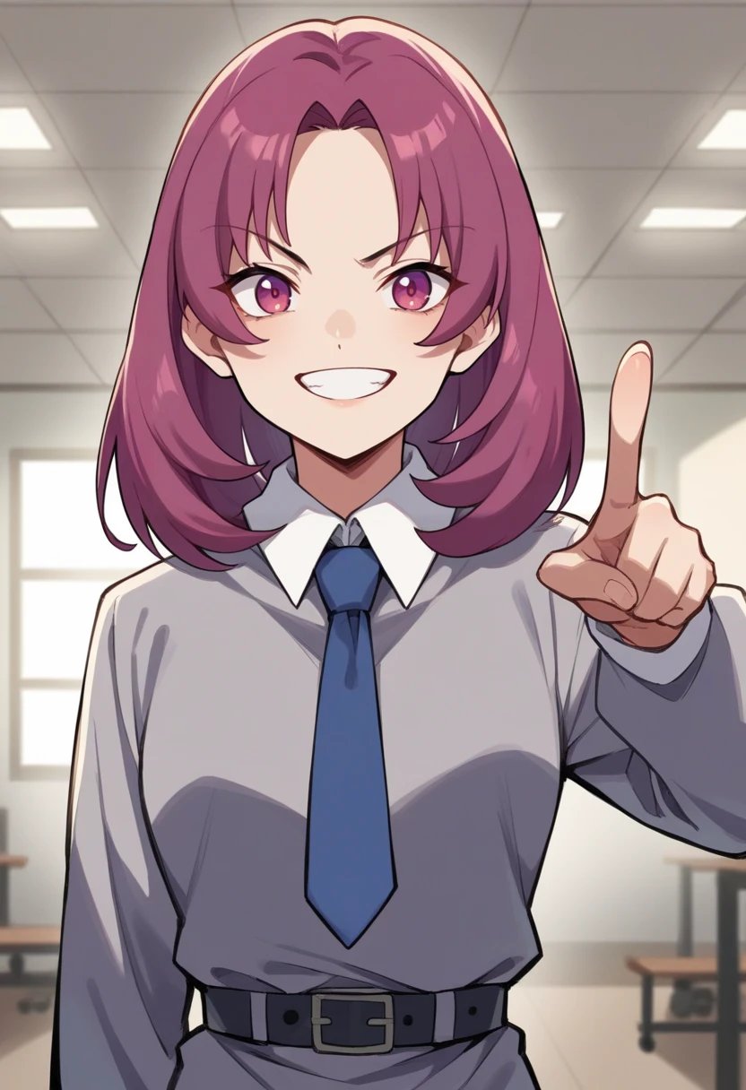 score_9, score_8_up, score_7_up, source_anime BREAK 1girl, solo, <lora:zs_ChisatoXL:1> chisatop1, magenta hair, parted bangs, medium hair, magenta eyes, grey dress, white collar, blue necktie, long sleeves, grey belt, art gallery, museum, dark lighting, assertive female, grin, pointing at viewer, cowboy shot