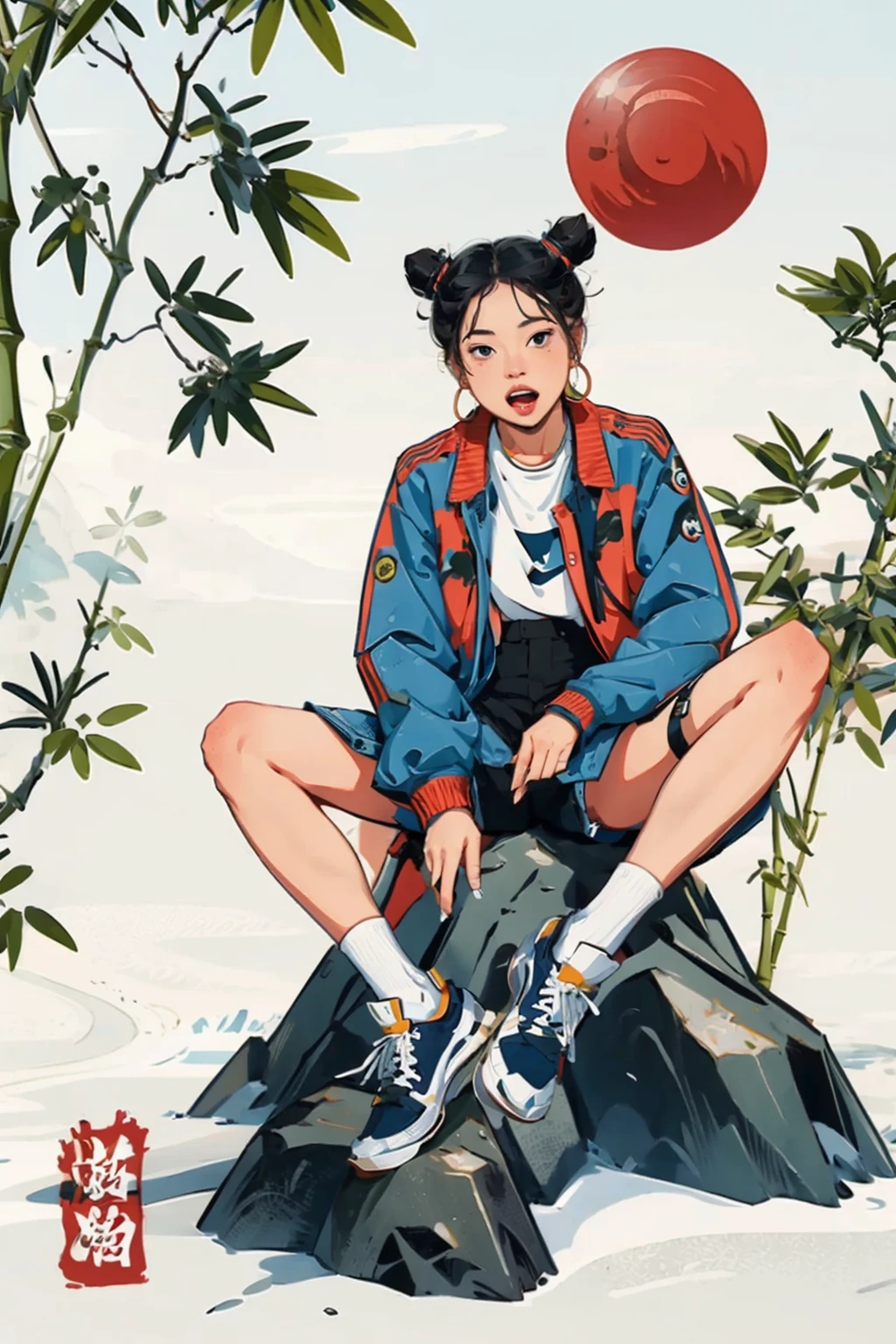 ((masterpiece)), best quality, perfect anatomy,8K wallpaper,
mChinaChic, 1girl, solo, full body, bird, double bun, black hair,  bamboo, hoop earrings, blue jacket, hair bun, sneakers,  hot pants, black socks, sitting on stone, open mouth, sun, white background, chinese text mark
<lora:mChinaChic_v1:0.8>