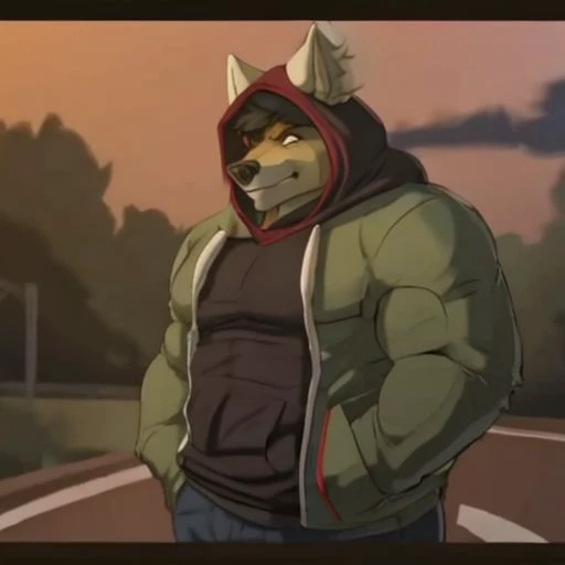 furry, multiple boys, 2boys, furry male, male focus, tank top, muscular, green hoodie, hood, bara, animal ears, red tank top, dog boy, brown fur, muscular male, hoodie, looking at viewer, pectorals, letterboxed, upper body, furry with furry, road, sidepec, thick eyebrows, pectoral cleavage, short hair, large pectorals, hand on own hip, dog ears, frown, closed mouth, motor vehicle, street