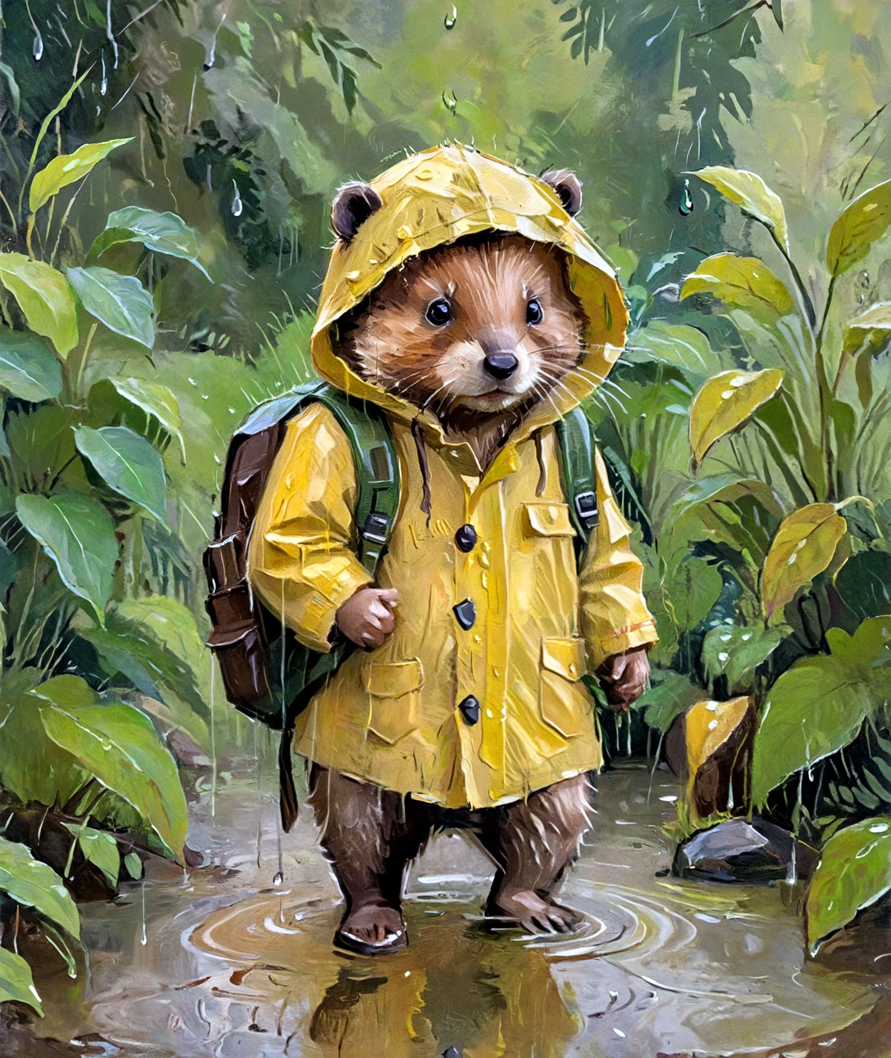 Large visible brush strokes, A captivating wildlife painting captures a  beaver braving a rainy day for its first school experience. He is dressed in an eye-catching, hyper-textured yellow raincoat and carries a small school backpack on its back. Dripping waterdrops enhance the wet and rainy atmosphere, while the lush greenery surrounding the creature adds to the enchanting scene. photo, wildlife painterly style