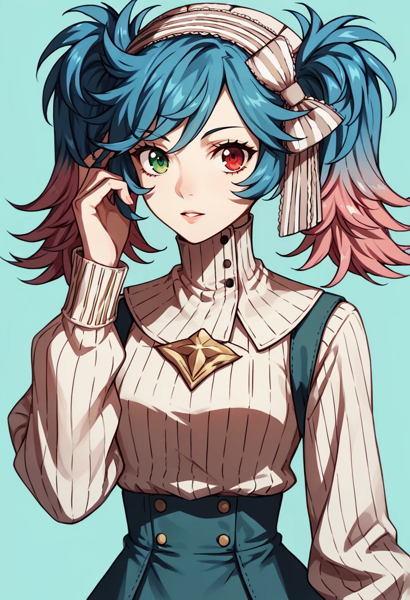score_9, score_8_up, score_7_up, source_anime, BREAK 1girl, upper body, looking at you, parted lips, adjusting hair, <lora:PeriFE-pdxl:1> rndPeri, multicolored hair, twintails, striped headdress, heterochromia, green eyes, red eyes, turtleneck, long sleeves, ribbed sweater, frills, blue background