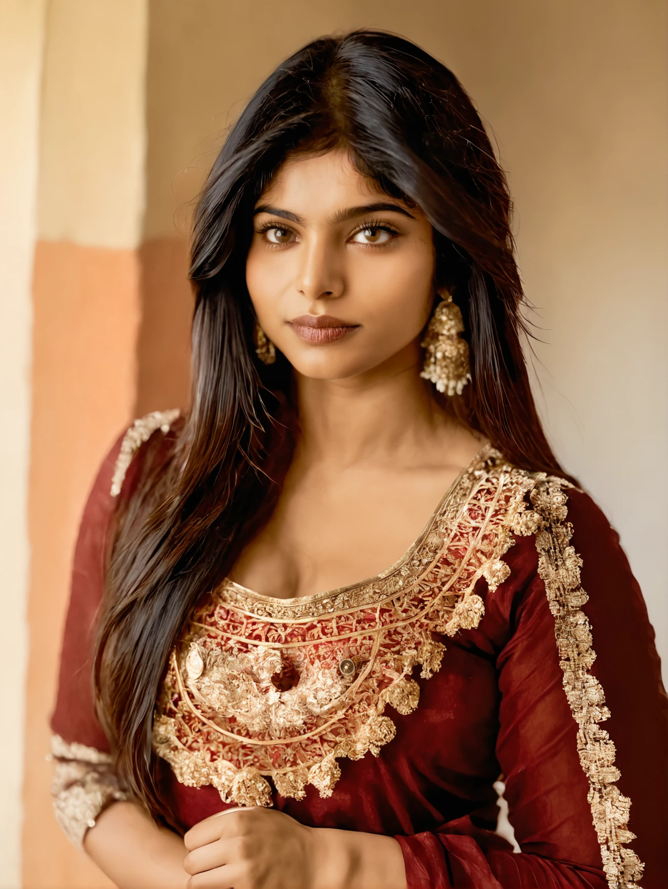 divyasynthxl woman portrait <lora:divyasynthxl-v1:1>, face focus, closeup, standing, neutral expression, in the bedroom, wearing traditional indian outfit