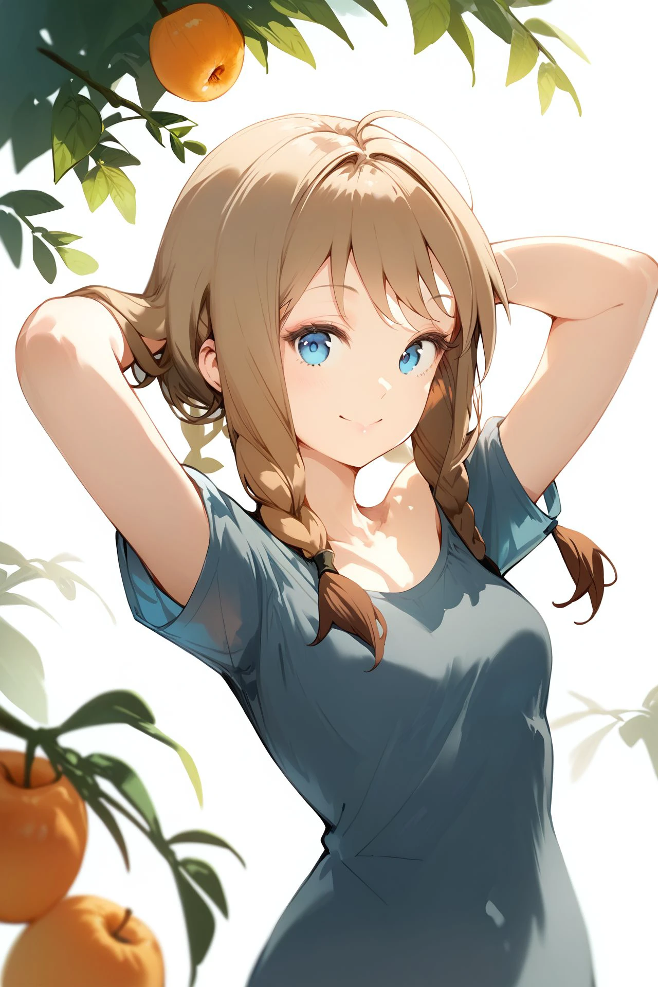 score_9, score_8_up, score_7_up, 1girl, fingersmile, looking at viewer, light_brown hair, wispy_bangs, twin_braids, blue eyes, small breasts, casual wear, corsage, arms behind head, fruit_background, <lora:Anmi_PonyXL_style_v01:1>