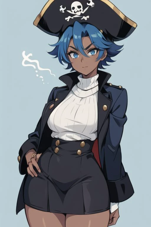 1GIRL, LARGE BREASTS, PIRATE, SOLO, BLUE HAIR, BLUE EYES,PIRATE HAT, CLEAVAGE, DARK SKIN, DARK-SKINNED, FEMALE, THICC THIGHS