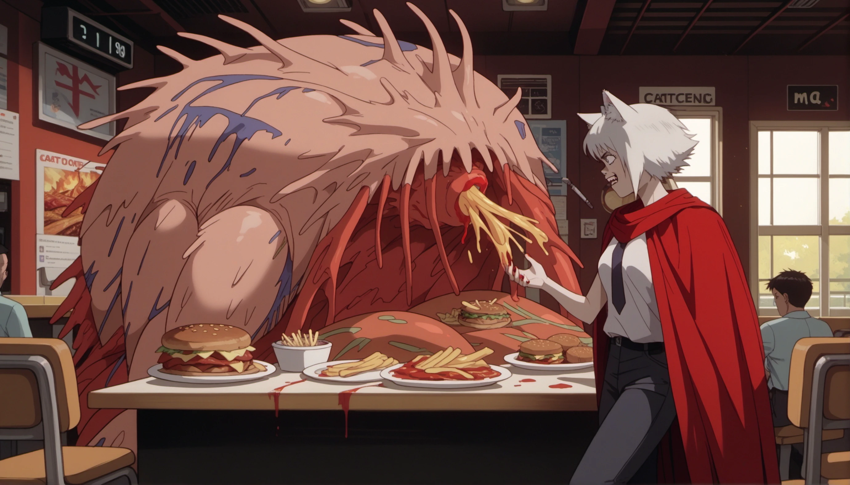 ZKZRZ, score_9, score_8_up, score_7_up, score_6_up, source_anime, monster, 1girl, catgirl, mcdonald's, holding cheeseburger, eating, french fries, brown eyes, exhausted, single hair ring, white hair, red cape, pants, cross tie, blood, tournament archery field, rows of targets, skilled archers aiming true, arrows piercing the air, white animal ear fluff, indoors