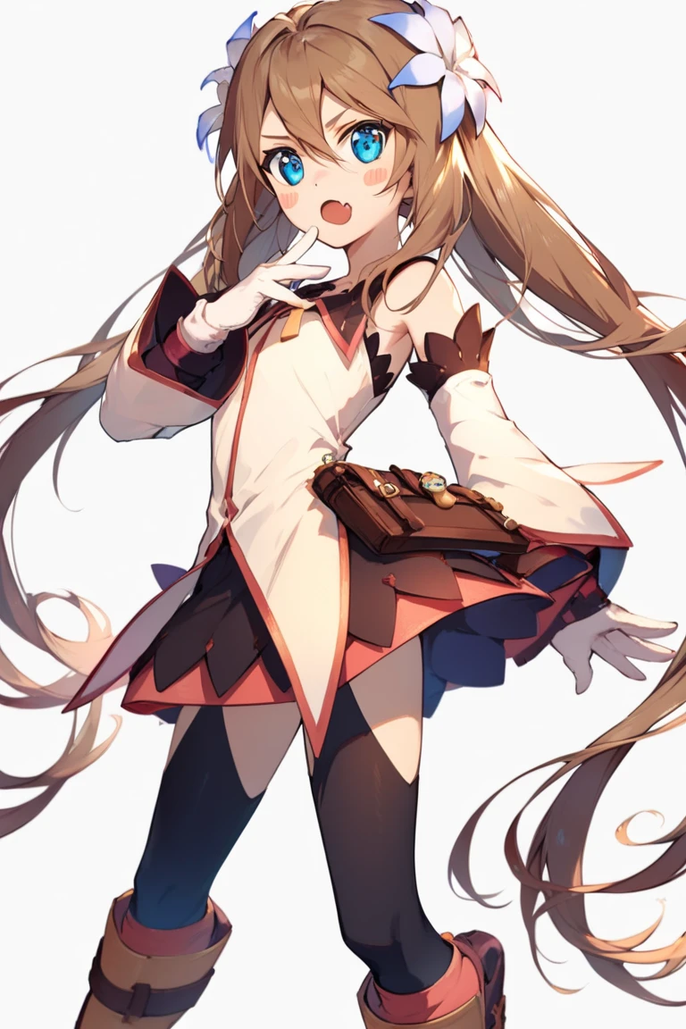 score_9, score_8_up, score_7_up, very aesthetic, source_anime, detailed, high quality, beautiful, masterpiece, detailed eyes,
<lora:lightXL:0.8>
simple background, blurry background,
cowboy shot, looking at viewer,
frown, open mouth, fang, blush stickers,
<lora:marta_autismConfetti_v01:0.95>marta lualdi, blue eyes, brown hair, twintails, long hair, dress, hair ornament, hair between eyes, detached sleeves, knee boots, hair flower, white gloves, miniskirt, black thighhighs,, zPDXL