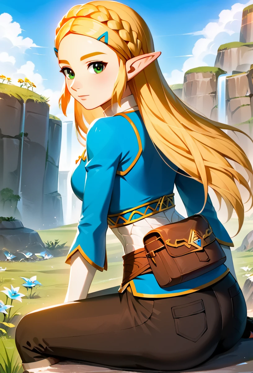 masterpiece,absurd resolution,8k,
score_9, score_8_up, score_7_up, ,source_anime BREAK
zeldaPony,Champion Blue Outfit and Cape,score_9,1girl, solo, long hair, breasts, looking at viewer, bangs, blonde hair, shirt, hair ornament, gloves, long sleeves, medium breasts, sitting, green eyes, ass, braid, flower, boots, outdoors, sky, day, pointy ears, black gloves, hairclip, looking back, pants, fingerless gloves, blue sky, black pants, blue shirt, pouch, rock, crown braid
 <lora:zelda_pony:0.8>