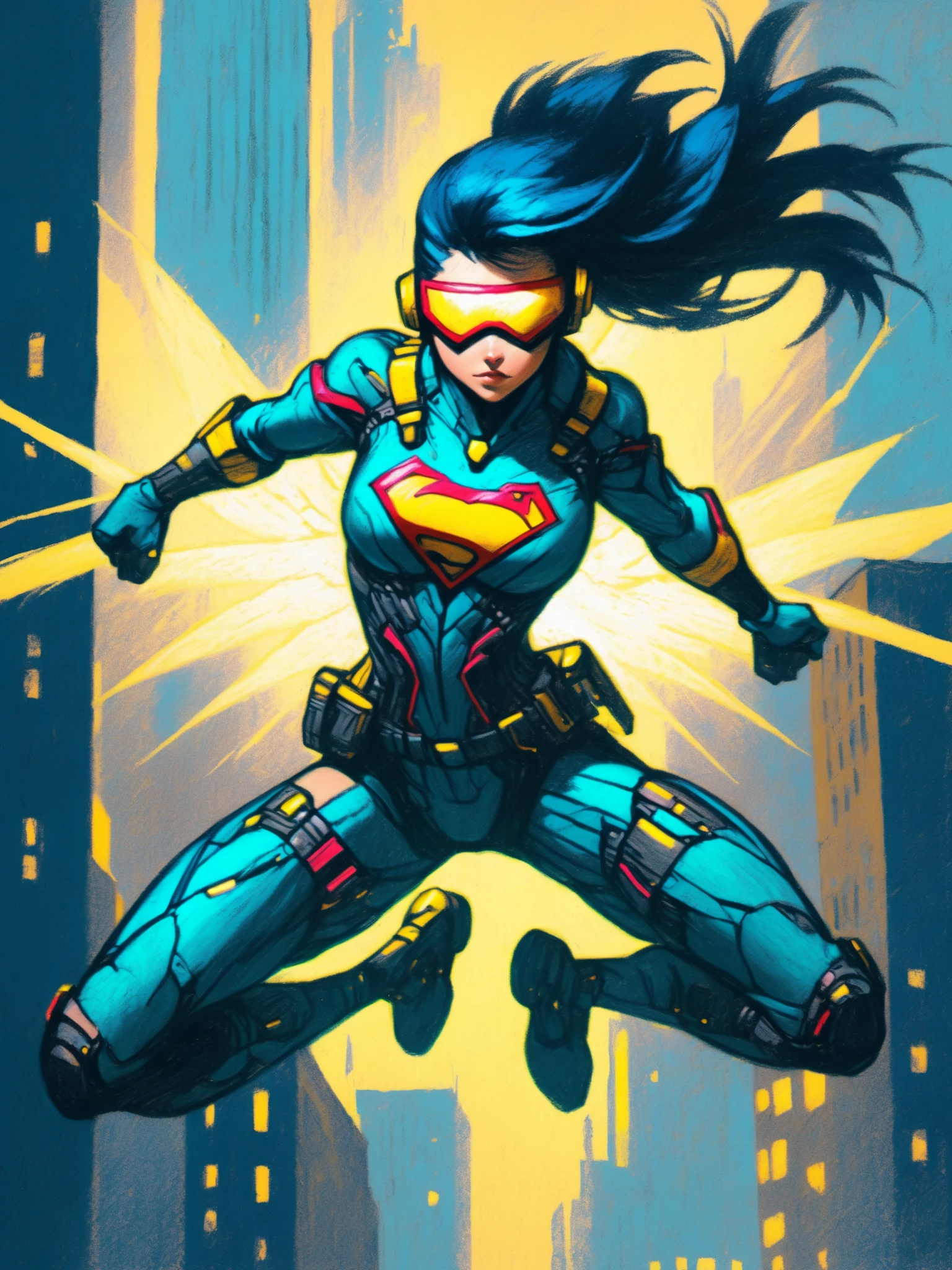 female superhero flying, dynamic pose, cyberpunk, scifi mad-crayon  <lora:Neon_Cyberpunk_Crayon_SDXL:0.8>, (masterpiece:1.2), best quality