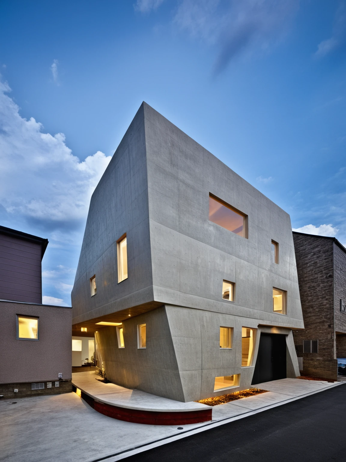 <lora:JJsConcreteArchitecture_XL:1>, ((Concrete Architecture)), , ((masterpiece)), ((best quality)), real world location, realistic, high detailed, (outdoor) , dramatic lighting, no human, ((full building)), wall, clear sky,road, window, day time,
center composition, cloud, stair, housing, paving, sidewalk, curvy wall,