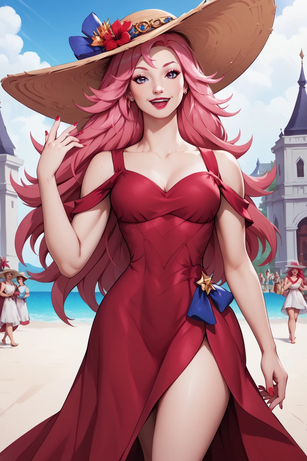 score_9, score_8_up, score_7_up, masterpiece, high quality
<lora:SF 4 PoisonPonyLora:1> 1girl, pink long hair, nail polish, long red summer dress, cleaverage, walking on the coast in greece, happy, summer hat