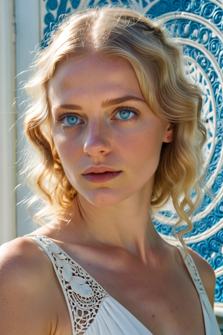 Blonde woman, age 28, blue eyes, white dress, Sunlight, Reflected light, Berlin Secession, delicate, Hellenistic hair styled as French crop, Zentangle, anaglyph effect, (Ultra quality), (highest quality), (canon eos), f1.8, (8K UHD), (ultra-detailed), (photography:1.2), (highres:0.3), realistic
