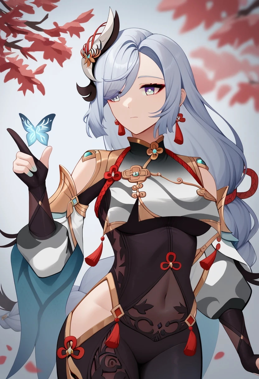 score_9,score_8_up,score_7_up,<lora:shenhe:1>,1girl,absurdres,bare_shoulders,black_bodysuit,black_gloves,blue_butterfly,blue_eyes,breast_curtain,calamity_queller_\(genshin_impact\),closed_mouth,covered_navel,expressionless,eyelashes,eyes_visible_through_hair,floating_hair,gold_trim,hair_between_eyes,hair_ornament,hair_over_one_eye,hand_up,highres,hip_vent,kuji-in,looking_to_the_side,low-braided_long_hair,low-tied_long_hair,shenhe_\(genshin_impact\),sidelocks,single_braid,single_earring,solo,swept_bangs,tassel_earrings,thighs,very_long_hair,white_hair,