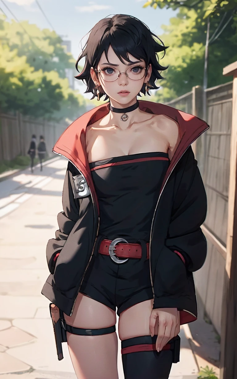 BARUTO_Timeskip_Uchiha_Sarada_ownwaifu, hand in pocket, 
1girl, glasses, round eyewear, black hair, black eyes, bangs, swept bangs, short hair, lips, medium breasts, thighs,
black choker, earrings, jewelry, strapless, off shoulder, collarbone, red belt, open jacket, black jacket, black shorts, black dress, black footwear, long sleeves, leg warmers, konohagakure symbol, thigh strap, thigh pouch, loose socks, 
<lora:BARUTO_Timeskip_Uchiha_Sarada_ownwaifu:0.9> ,
((masterpiece)),((best quality)),(highres), bokeh, depth_of_field, scenery, spotlight, focused, looking at viewer, solo,