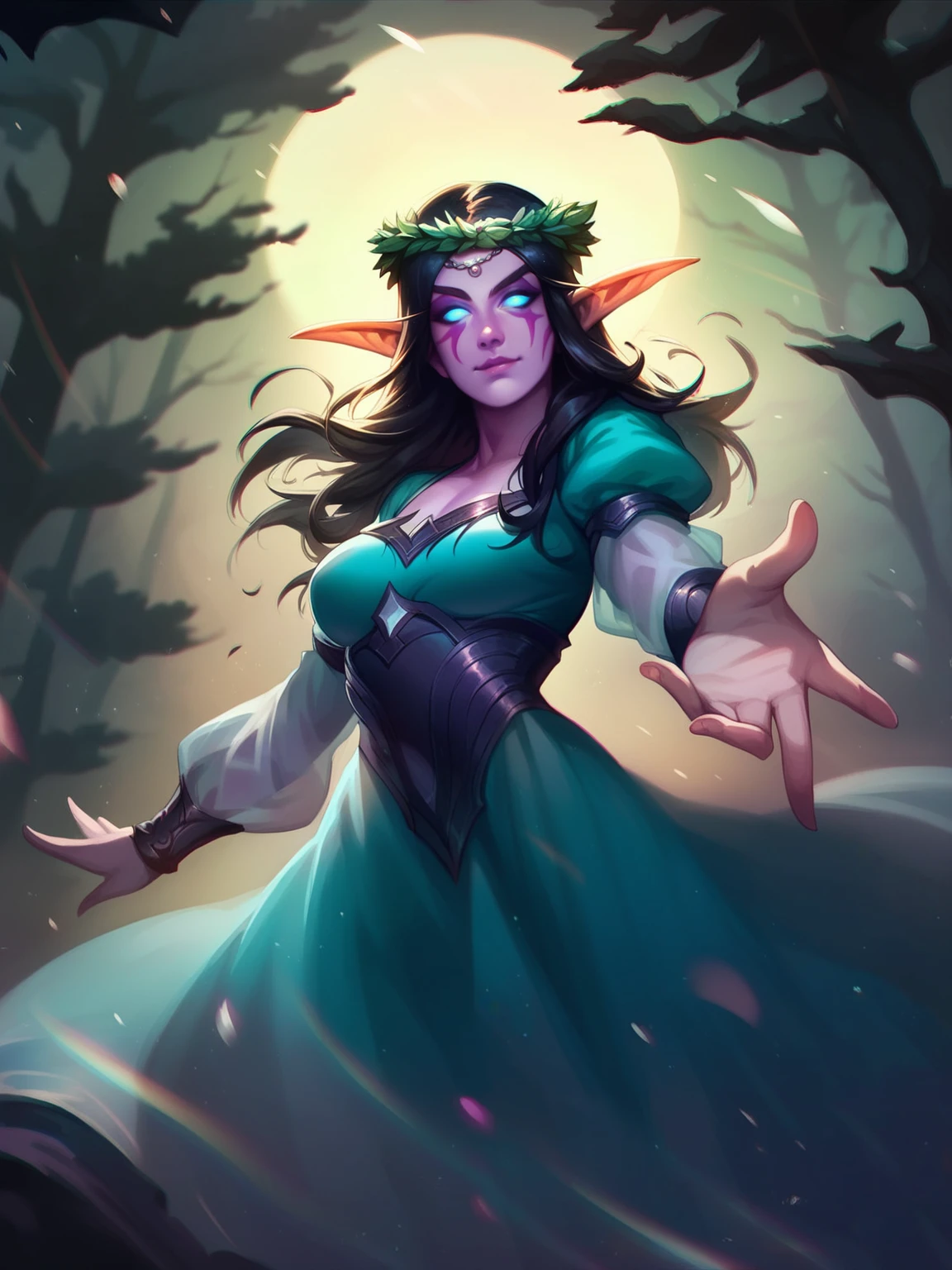 score_8_up, score_7_up,  beautiful night elf reaching towards viewer, light smile, black hair, purple skin, glowing eyes, ornate cyan dress with puffy sleeves, see-through sleeves, head wreath, particles, dark forest, night, fog, fantasy, <lora:sxz-smite-smol-pdxl:0.8> smite style, chromatic aberration, realistic,