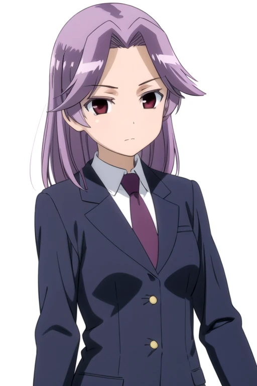 solo, 1girl, looking at viewer, 2D, anime, anime coloring, upper body, (simple background, solid white background:1.3),  <lora:yumi-saki:0.8>, yumi kajiki, school uniform, necktie, jacket, closed mouth