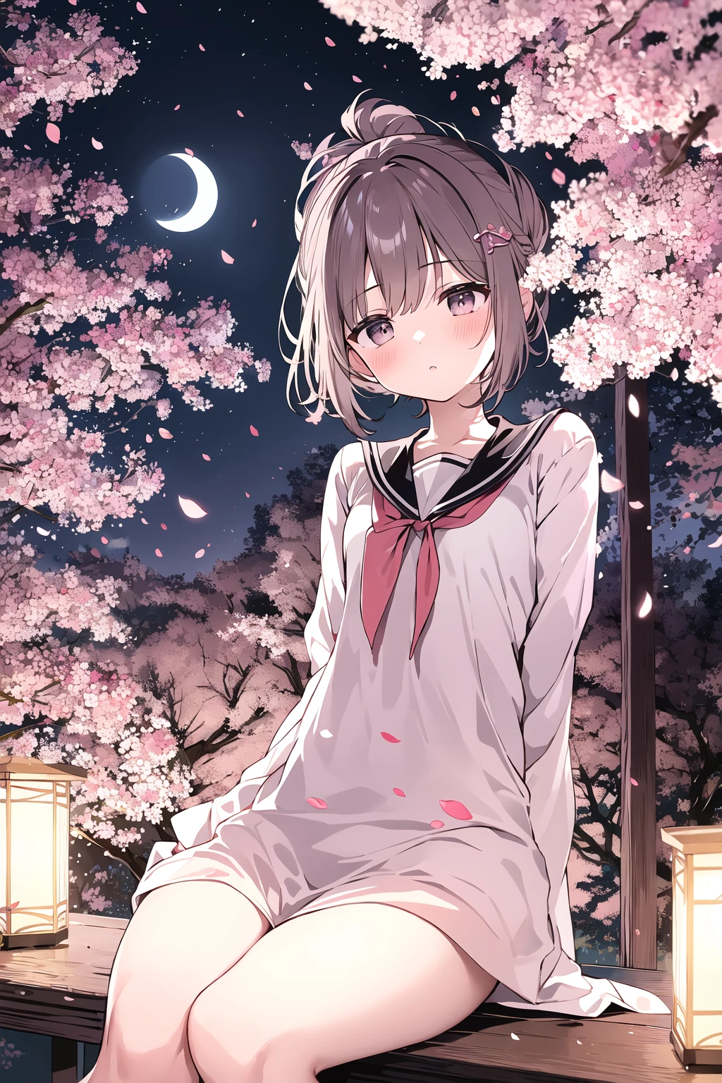 1girl,sitting,small breasts,serafuku,topknot,cherry blossom tree,night scene,serene expression,delicate hairpin adorned with cherry blossoms,slender figure,moonlight casting gentle shadows,petals softly landing on her shoulders,tranquil atmosphere with fireflies dancing around,, (masterpiece),(highest quality),highres,(an extremely delicate and beautiful),(extremely detailed),Amazing,finely detail