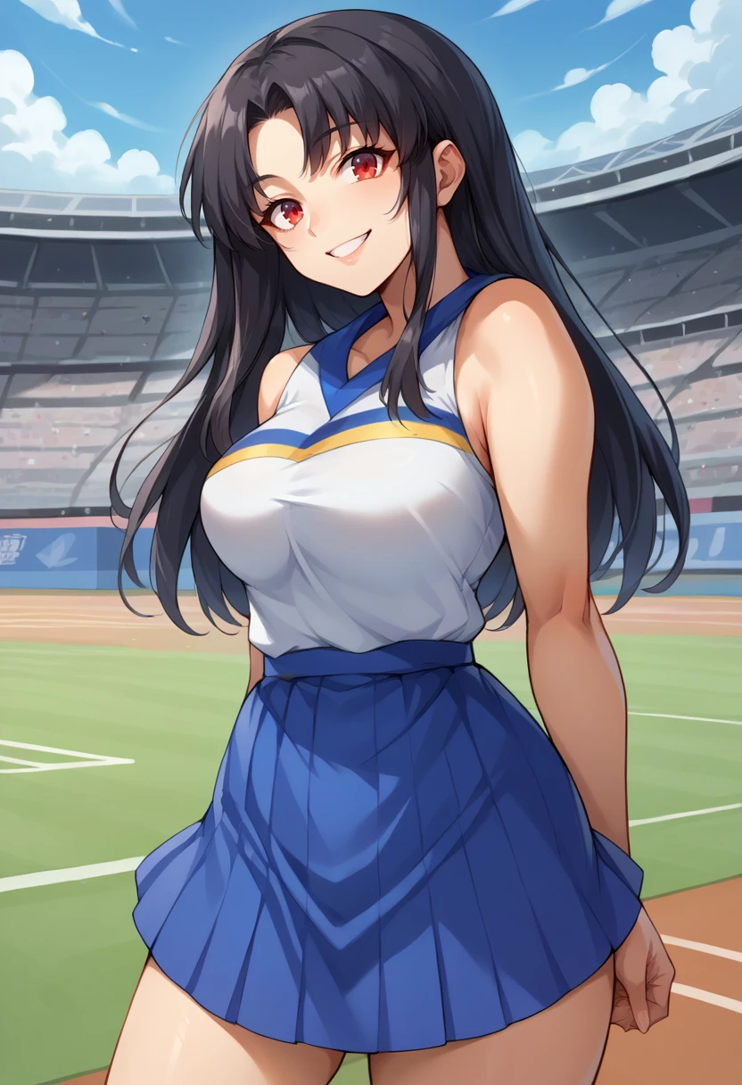 score_9, score_8_up, source_anime, 1girl, solo, black hair, long hair, red eyes, thick thighs, mature female, HaruCheerUniform, sleeveless, blue skirt, smile, stadium, <lora:ChamHaruCheerUniformPonyXL:1>