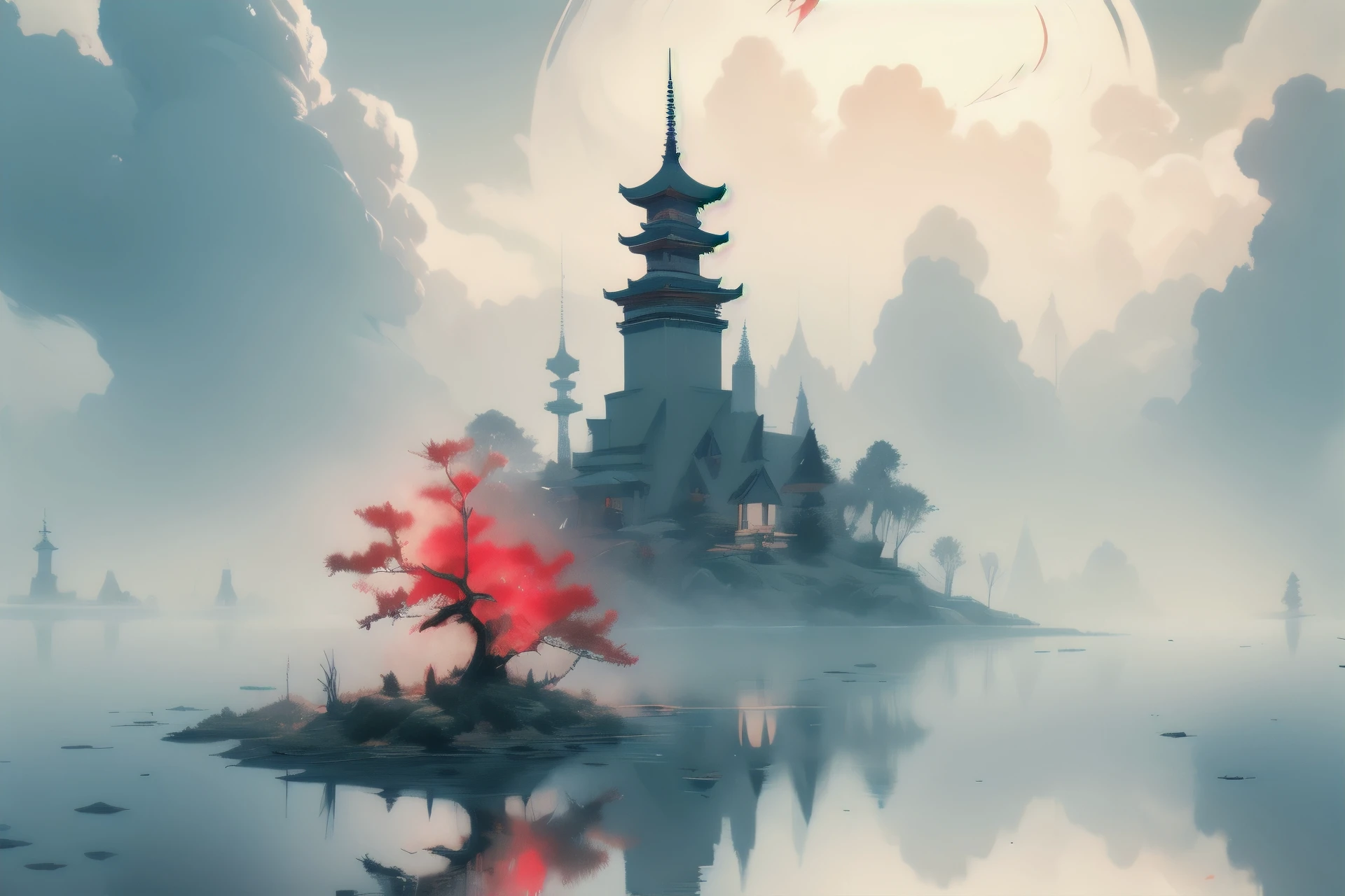 <lora:isekbd:1>,isekbd, outdoors, sky, cloud, water, lantern, bare tree, tower, red fog,reclective water,