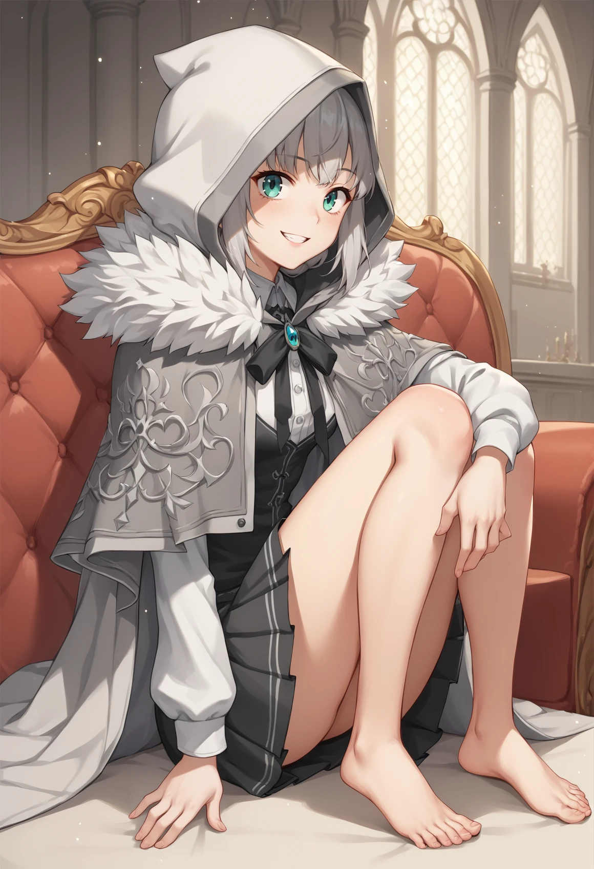 1girl, grey hair, long hair, single hair bun, french braid, sidelocks, aqua eyes, hood, hood up, capelet, cape, fur trim, white shirt, vest, pleated skirt, long sleeves, barefoot, smile, indoors, mansion, couch, sitting, head on knee, seductive smile, teeth <lora:Grey:1>, score_9, score_8_up, score_7_up, score_6_up, score_5_up, score_4_up, BREAK source_anime, masterpiece