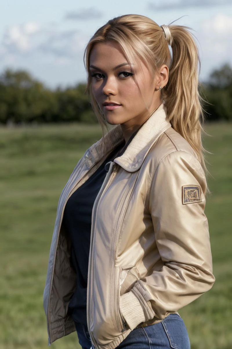 portrait of S400_AngelinaArmani,a gorgeous woman,on a (field:1.1),wearing a (jacket:1.1),(ponytail:1.1),(4k, RAW photo, best quality, 50mm, depth of field, ultra high res:1.1),(intricate, photorealistic, cinematic-shot, masterpiece, ultra-detailed:1.1),