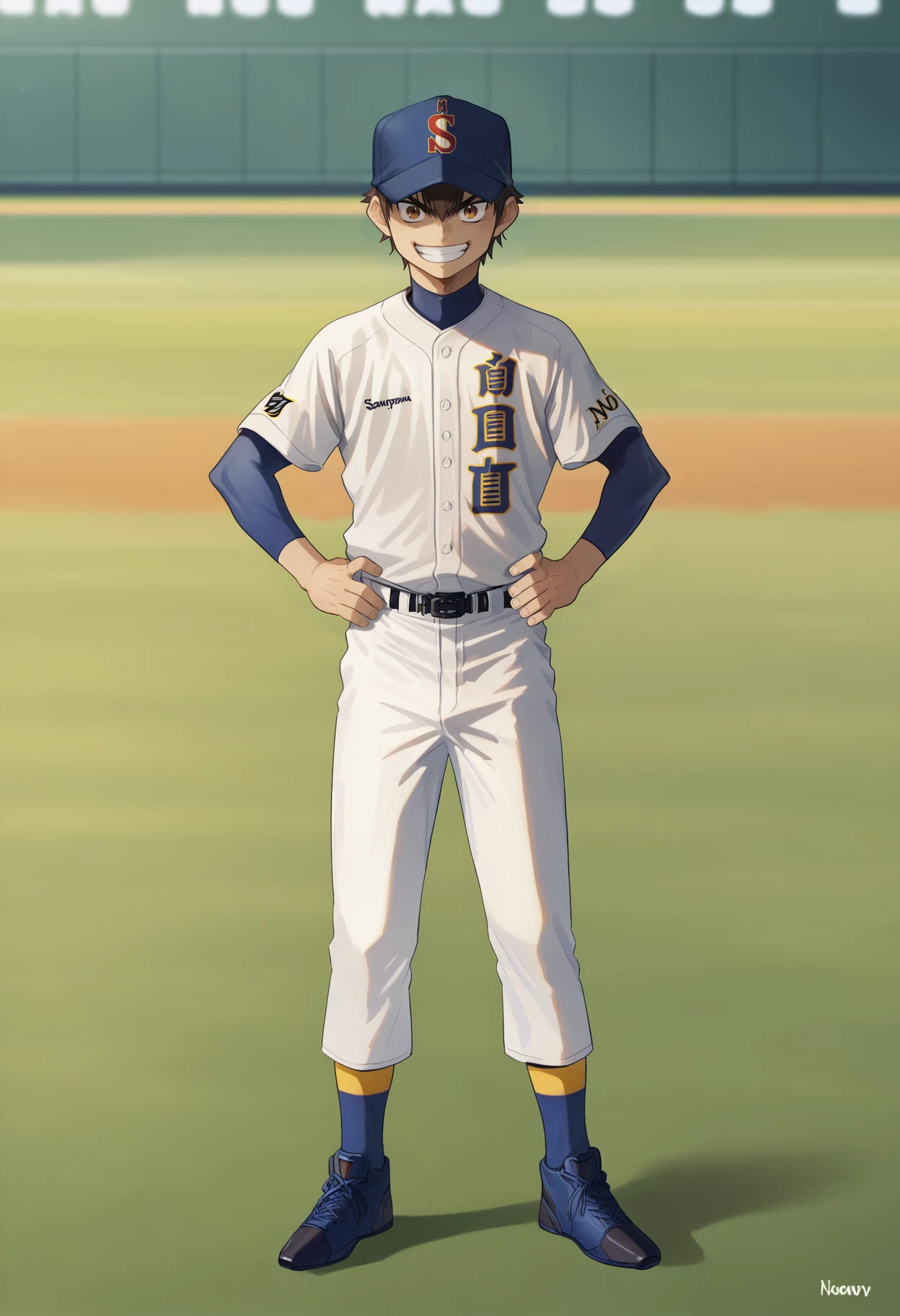 score_9, score_8_up, score_7_up, source_anime, RythSawaPony, Sawamura Eijun \(Ace of Diamond\), 1boy, full body, baseball outfit, baseball cap, standing, hands on hips, grin, looking at viewer, baseball field, <lora:SawamuraEijunPony:1>,