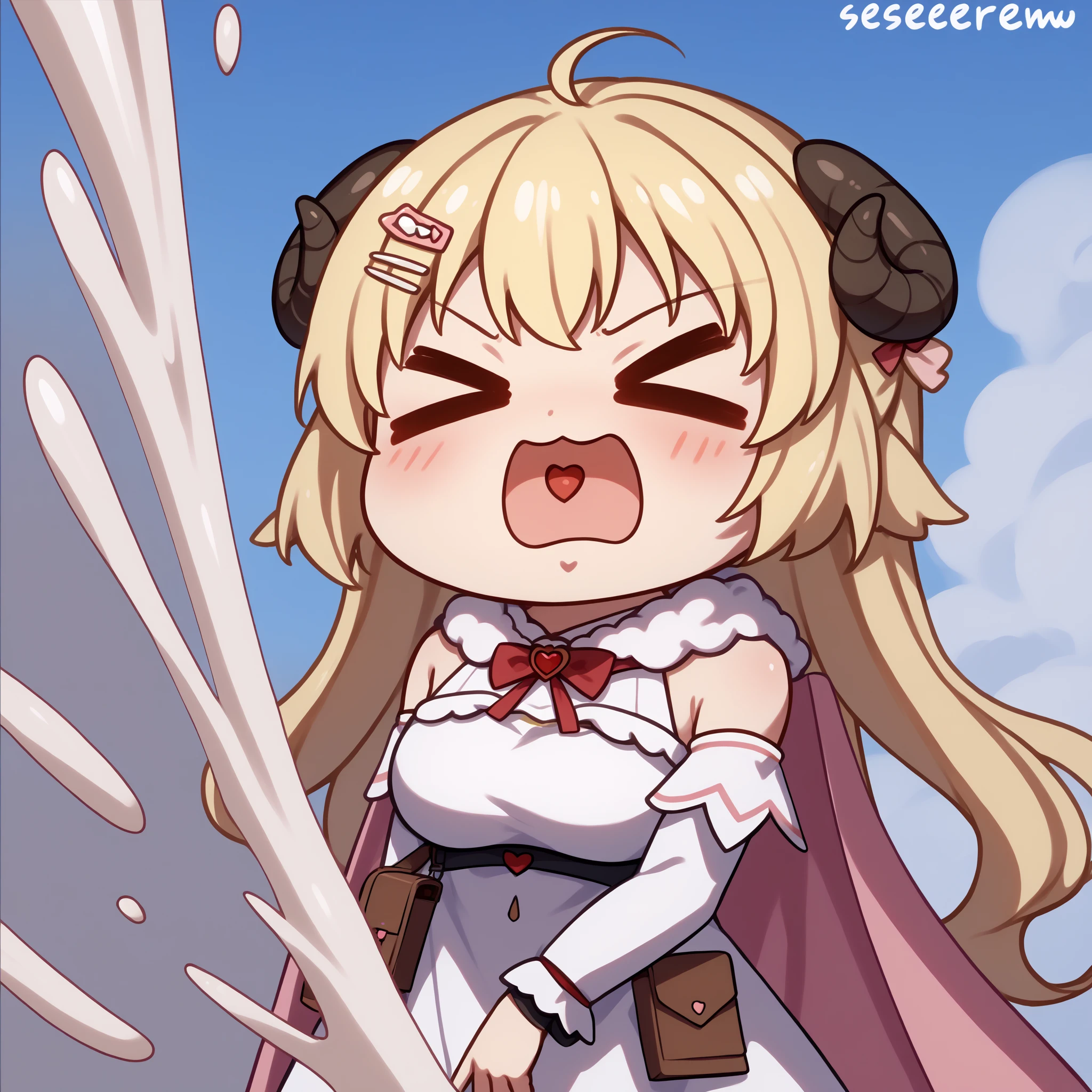 score_9, score_8_up, score_7_up, source_anime, 1girl, AyanamiBarrageMeme, <lora:AyanamiBarrageMeme_XLPD:1>, chibi, closed eyes, open mouth, > <, heart in mouth, cum,  <lora:last_1:1>, WatameBase, very long hair, ahoge, hairclip, fur-trimmed dress, short dress, red bowtie, detached sleeves, pouch, fur-trimmed cape, pink cape,