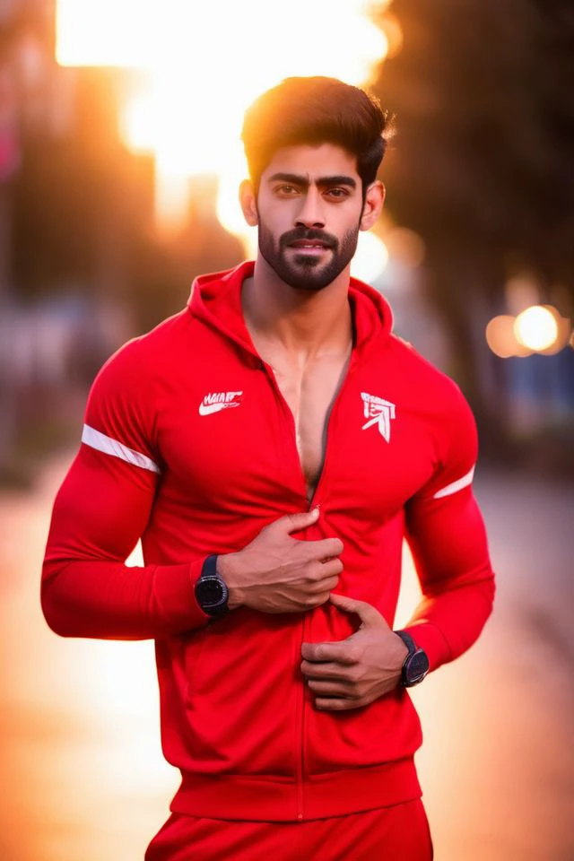 Sacha Dhawan a man <lora:Rishabh-Jaiswal_Sacha-Dhawan:0.75>, realistic photo in a worn ((red tracksuit, massive hairy pecs)), ((light bokeh)), intricate, (steel metal [rust]), elegant, sharp focus, photo by greg rutkowski, soft lighting, vibrant colors, (masterpiece), ((streets)), (detailed face), looking at viewer, light smile, night, walking towards viewer, cinematic lighting, beautiful lighting, cinematic lighting, (hazy filter, film grain:1.2)