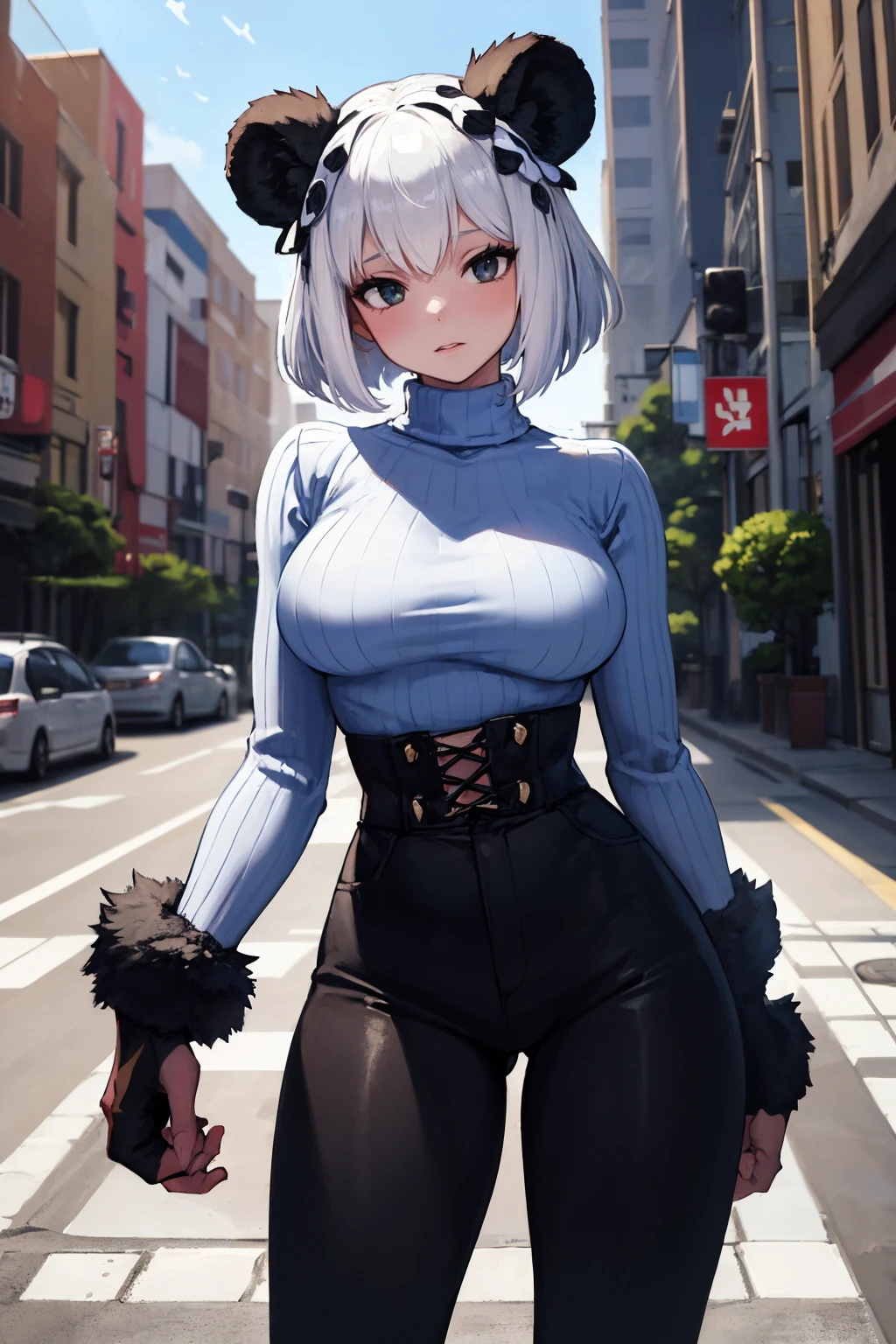 masterpiece, best quality, absurdres, 1girl, solo, RenXiongmao, panda ears, animal hands, black fur, short hair, sweater, ribbed sweater, long sleeves, high-waist pants, outdoors, city, <lora:RenXiongmao:1>