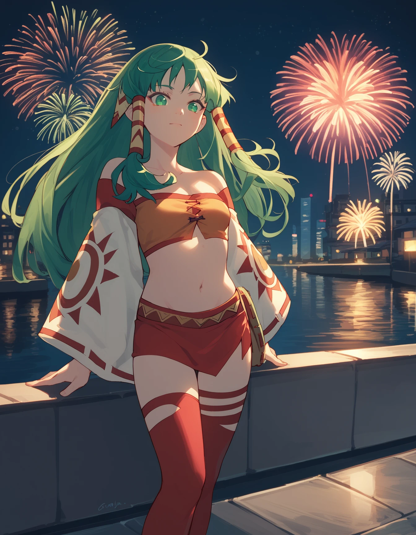 score_9,  score_8_up, score_7_up <lora:feena-ponyxl-000040:1> feena, green hair, hair tubes, wide sleeves, bandeau, microskirt, red legwear,
1girl, solo, night, fireworks, cityscape, reflection, river, street, close-up