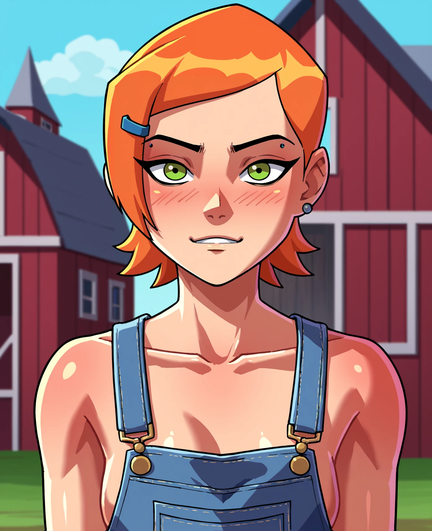 score_9, score_8_up, score_7_up, barn, portrait, source_anime, 2d, 1girl, looking at viewer,  gwen tennyson \(ben10\), overalls