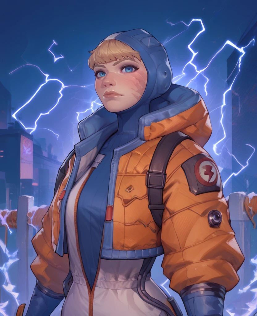 score_9,score_8_up,score_7_up,score_6_up,
wattsonxl,bangs,blue eyes,scar on face,
looking at viewer,
turtleneck,head cap,white Jumpsuit,orange jacket,
standing, upper body, 
cyberpunk,electricity,electric fence,<lora:wattson:1>,