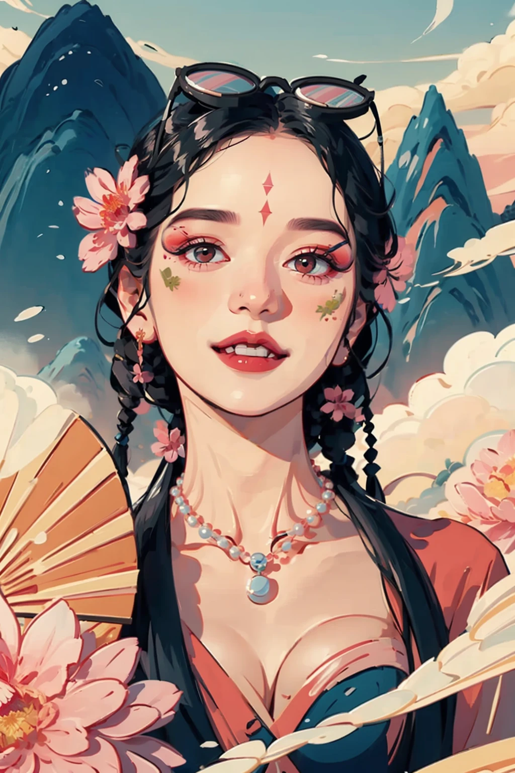 ((masterpiece)), best quality, perfect anatomy,8K wallpaper,
mChinaChic, 1girl, portrait, solo, holding folding fan, eyewear on head, black hair, long hair, dreadlocks, flower, pearl necklace, makeup, looking at viewer, smile, forehead mark, lipstick, parted lips, pink flower, mountain, smoke
<lora:mChinaChic_v1:0.8>