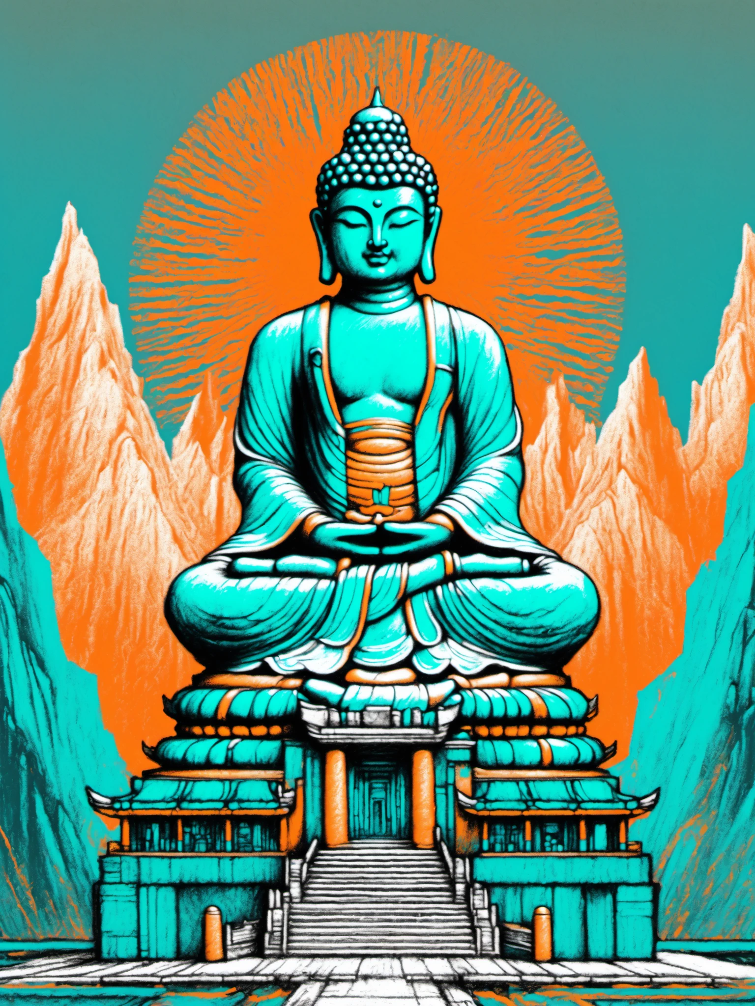 mountain range, temple, buddha statue, mad-crayon, cyberpunk, teal and orange <lora:Neon_Cyberpunk_Crayon_SDXL:1.0>, (masterpiece:1.2), best quality