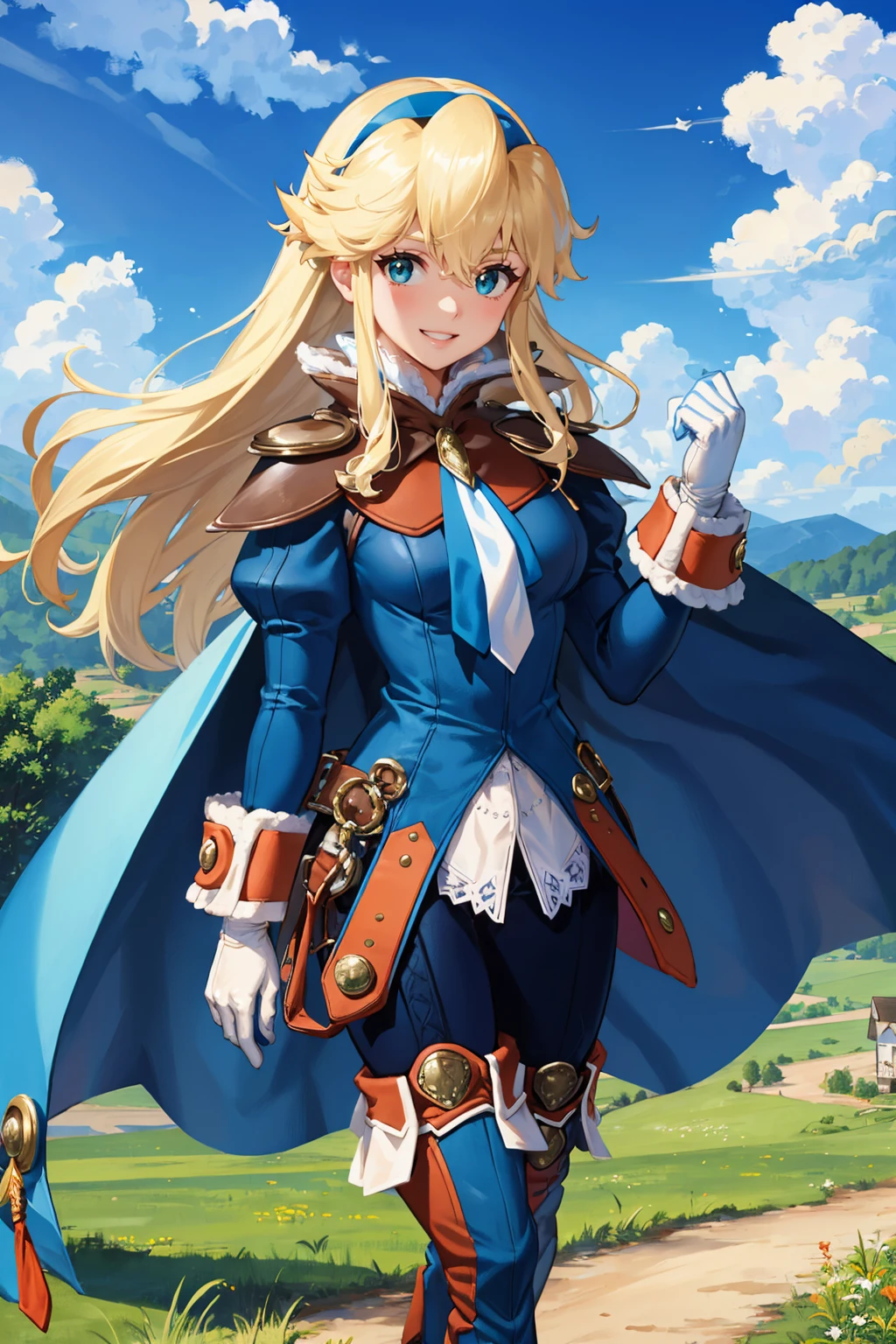 masterpiece, best quality, 1girl, <lora:clarissaarwin-nvwls-v1-000010:0.9> clarissa arwin, hairband, low-tied long hair, white ascot, blue cape, blue and orange coat, puffy sleeves, white gloves, blue pants, thigh boots, upper body, looking at viewer, grin, blue sky, trail, hillside, countryside, clouds