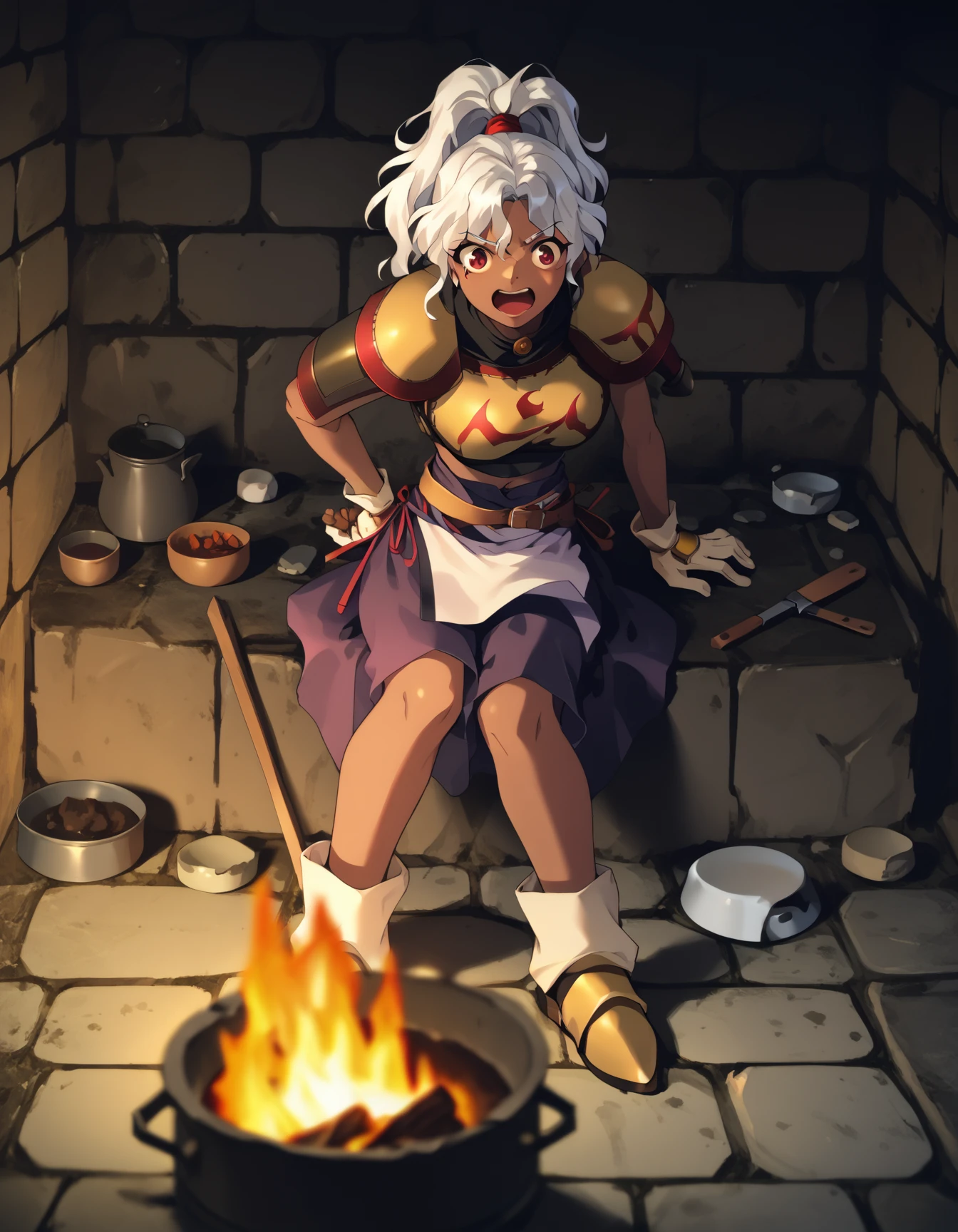 score_9, score_8_up, score_7_up <lora:rita-ponyxl-000025:1> wwrita, red eyes, white hair, ponytail, dark-skinned female, shoulder armor, breastplate, navel, purple skirt,
boiling, brick wall, bubble, campfire, cooking, dungeon, excited, open mouth