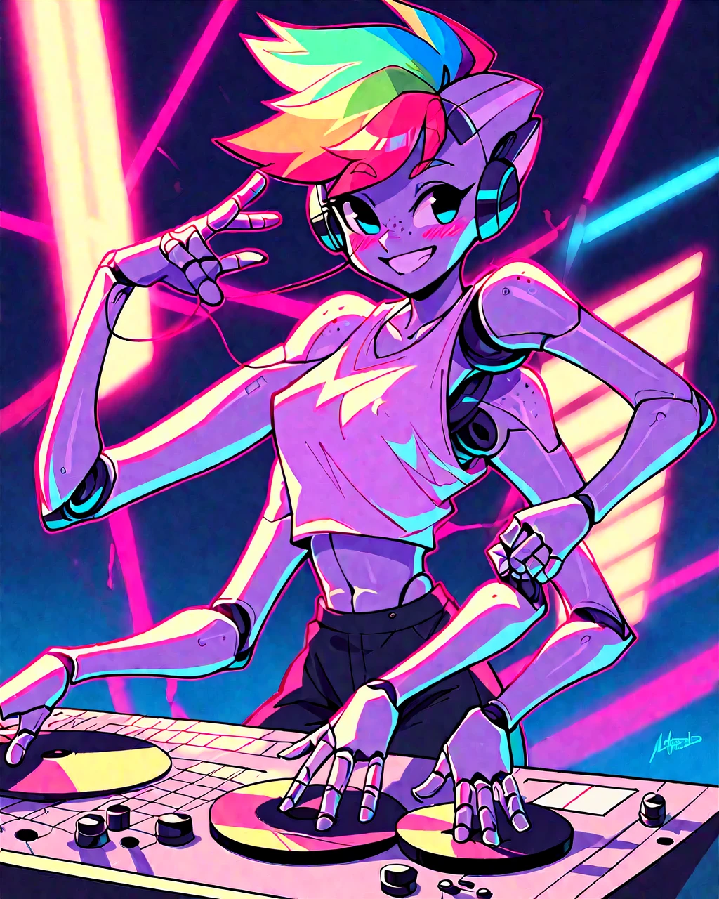 source_anime, robot skin, score_9, score_8, score_7, score_6, robot girl, android, colorful clothes, loose shirt, rainbow hair, pixie cut, robot joints, freckles, petite, android girl, joints, blushing, earphones, dj, turntable, neon lights, lasers, music, smiling, dancing, cute, attitude, at a futuristic nightclub, vibrant, jumping, nipslip, nipple, 4 arms,
masterpiece, 8k, highly detailed, dynamic, dynamic lighting, cinematic lighting, intricate, nsfw,
SimplePositiveXLv2, <lora:RobotSkin_Pony_v1.05:1>