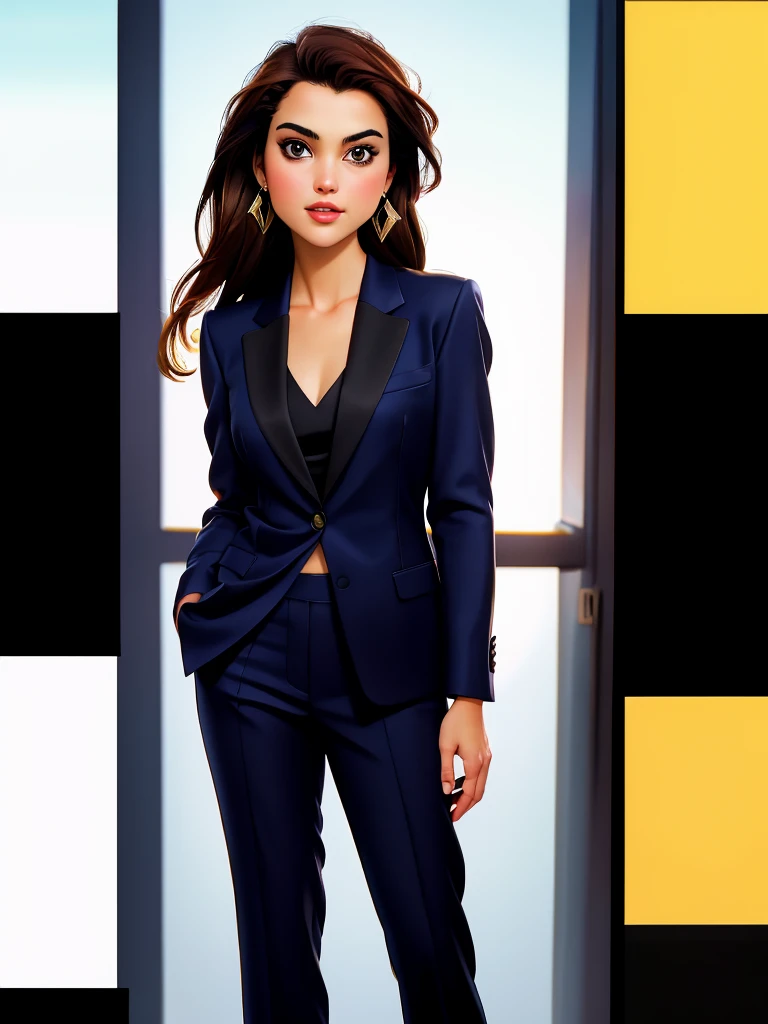 Realistic photo of a beautiful k3r1rus woman, 1girl, solo, long hair, looking at viewer, brown hair, black hair, jewelry, earrings, pants, lips, black pants, formal, suit, yellow background, realistic, professional Photography, Photorealistic, detailed, RAW, analog, sharp focus, 8k, HD, DSLR, high quality, Fujifilm XT3, film grain, award winning, masterpiece<lora:k3r1rus:1.0>