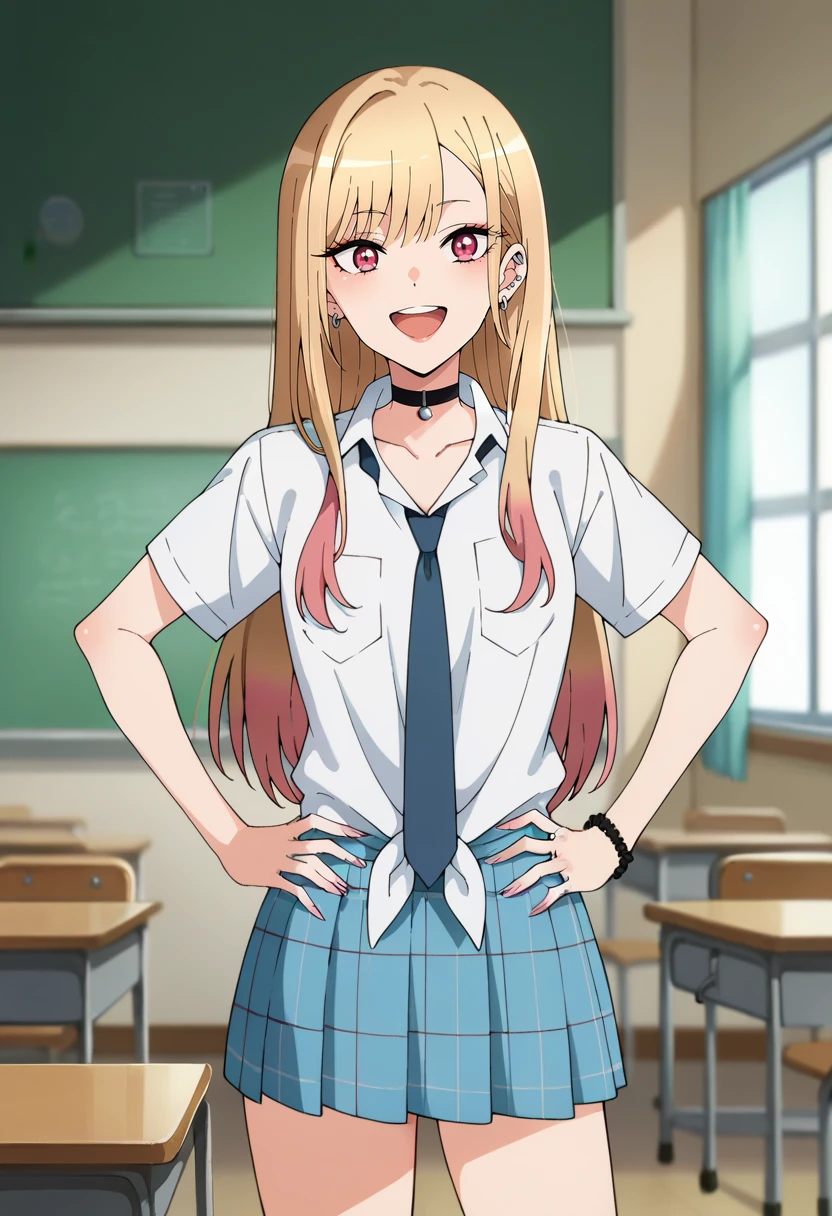 score_9, score_8_up, score_7_up, source_anime,
<lora:SonoBisqueDoll_KitagawaMarinXL:0.8>, KitagawaMarin,
1girl, smile, upper teeth only,
multicolored hair, long hair, magenta eyes, ear piercing, earrings, pink nails, makeup,
MarinSchool, bead bracelet, black choker, neck bell, ring, collared shirt, white shirt, short sleeves, blue necktie, plaid skirt, blue skirt, tied shirt,
standing, looking at viewer, hands on own hips,
indoors, classroom, blurry background