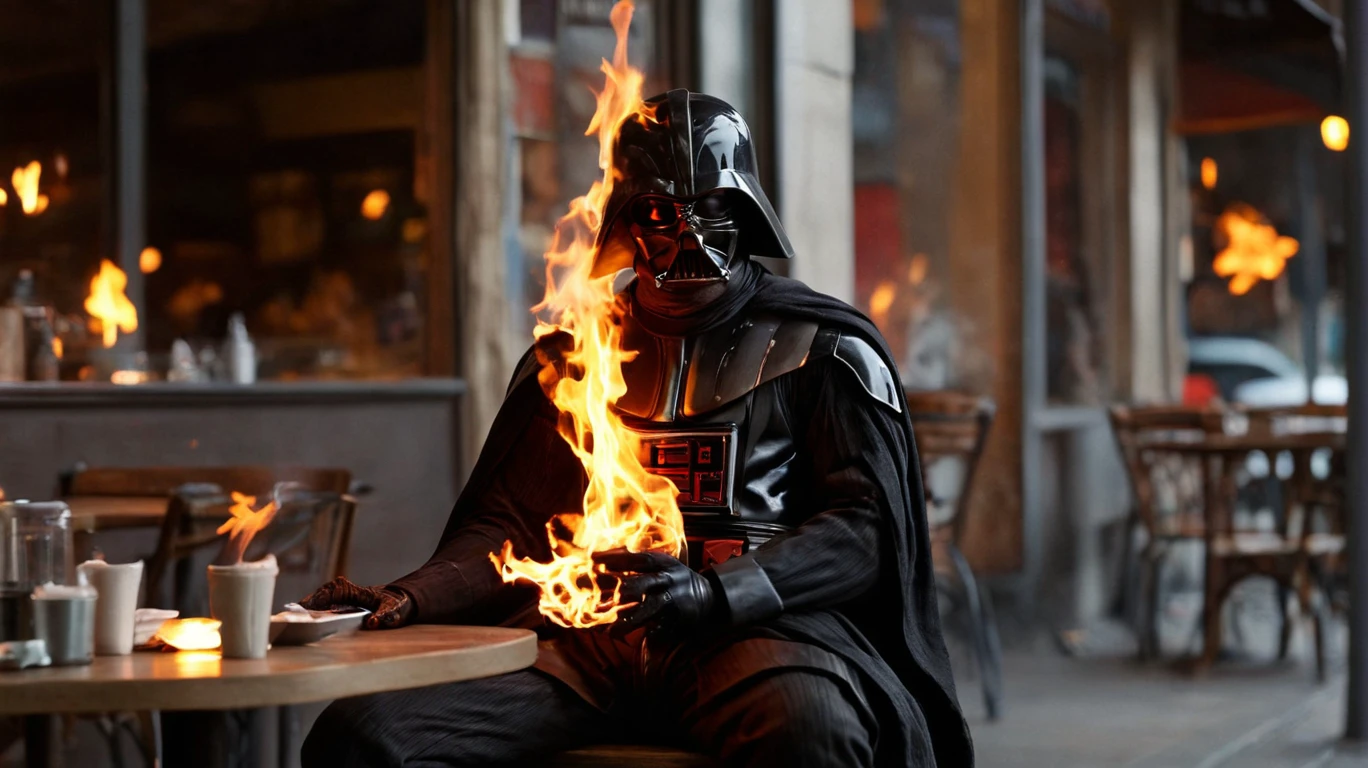 cinematic Film Still action shot a immolation darth wader sitting at a cafe  <lora:immolation-lightWeight:1>, seen from the side,