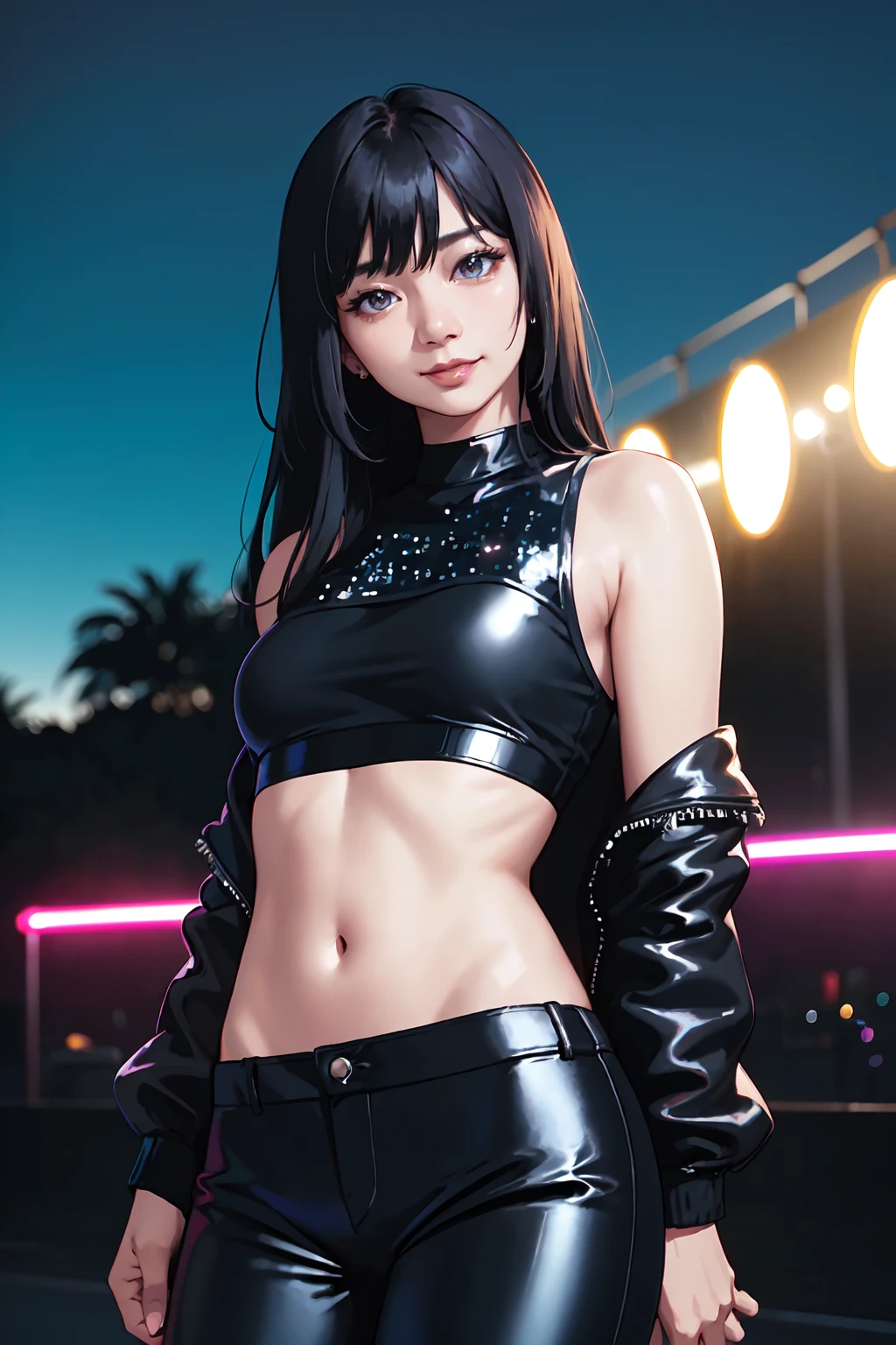 ((seductive pose)), (dynamic angle), outdoors, rave music festival, ((night time, neon colors))
A photograph of (1girl, 35 years old, seductive smile), <lora:ZH_BaeDoona_v1:1>, zh_baedoona, solo, realistic, black eyes, black hair, long hair, looking at viewer, wearing (sequin top and designer pants),