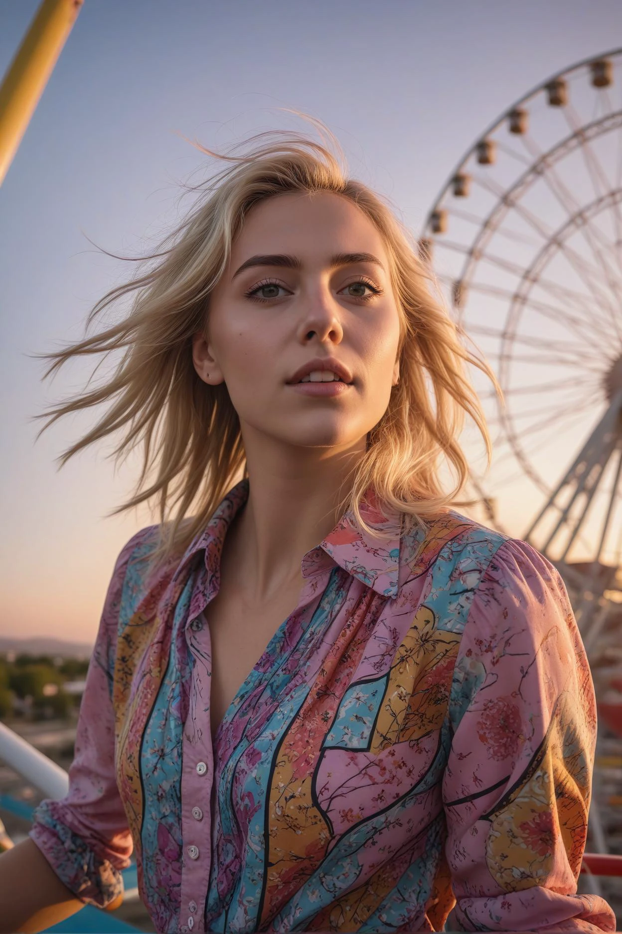 superflat style in the image, a 24 year old adult woman with blonde hair is standing on a ferris wheel car. she's wearing a colorful blouse and her gaze is directed upwards towards something out of frame. her hair is being blown by the wind, adding a sense of movement to the scene. the background reveals a beautiful sunset, casting a warm glow over the landscape below. . flat, colorful, pop culture references, highly detailed